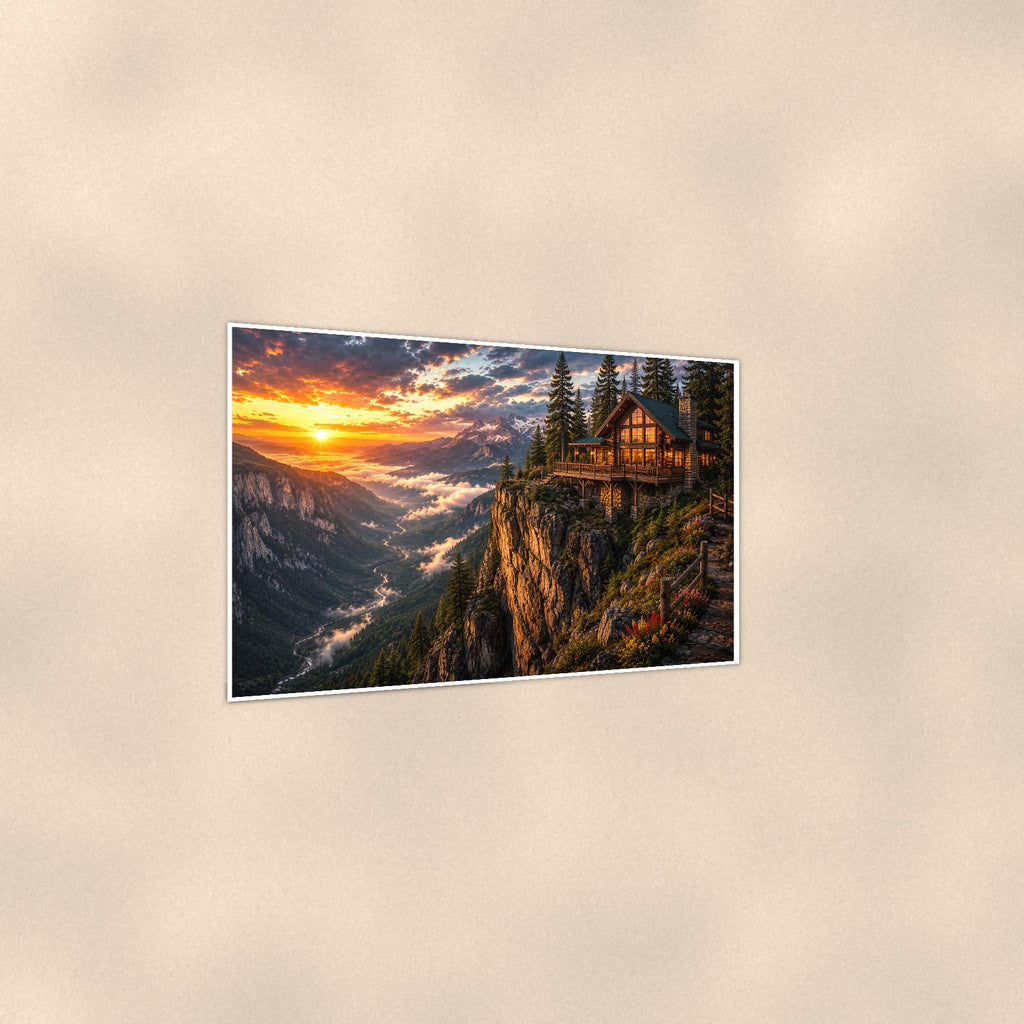 Cliffside Cabin Sunset — 36x24 in art print poster, premium luster paper with a white border; gentle three-quarter angle on a warm wall, showing the flat paper edge.