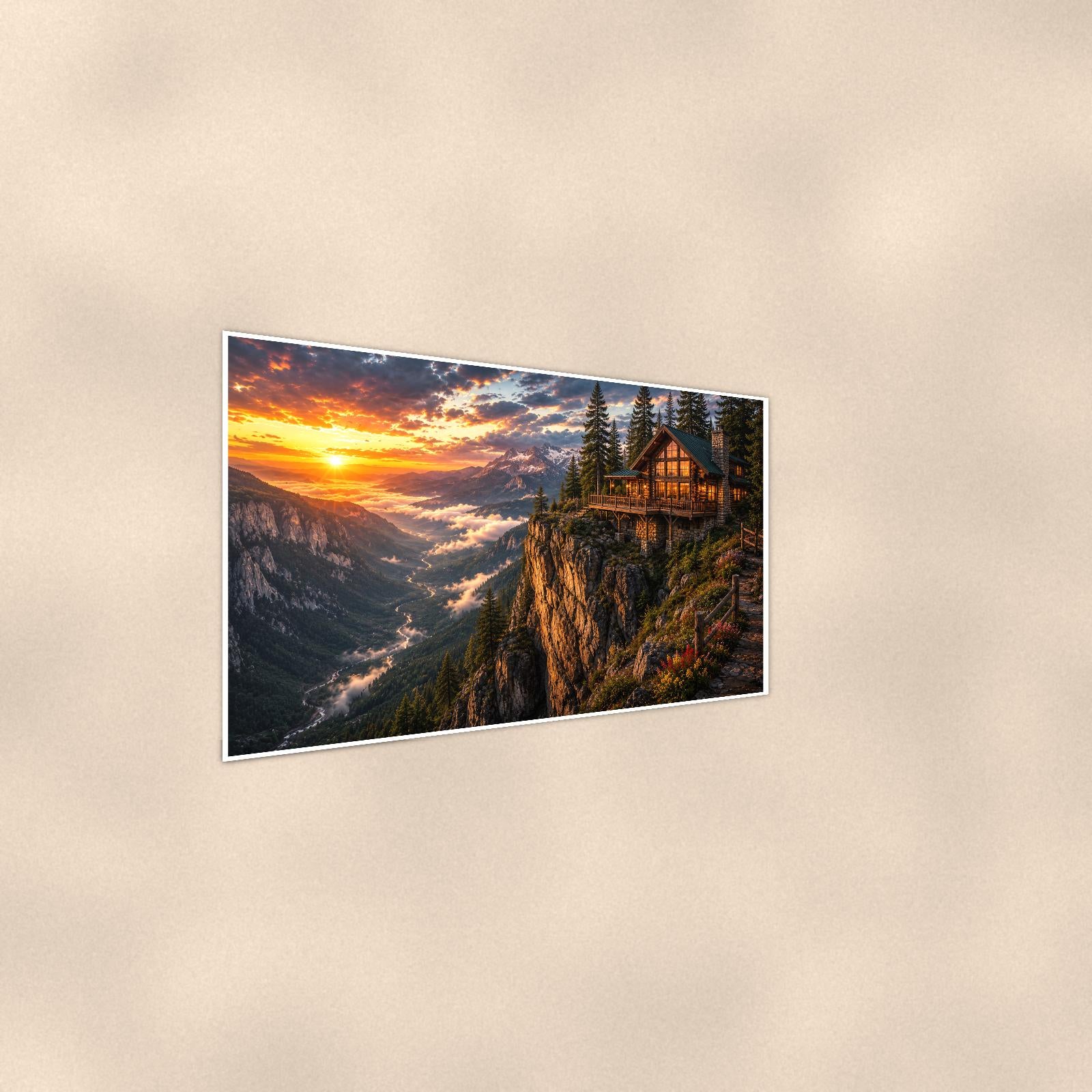 Cliffside Cabin Sunset — 36x24 in art print poster, premium luster paper with a white border; steeper three-quarter angle on a warm wall, catching the luster sheen.