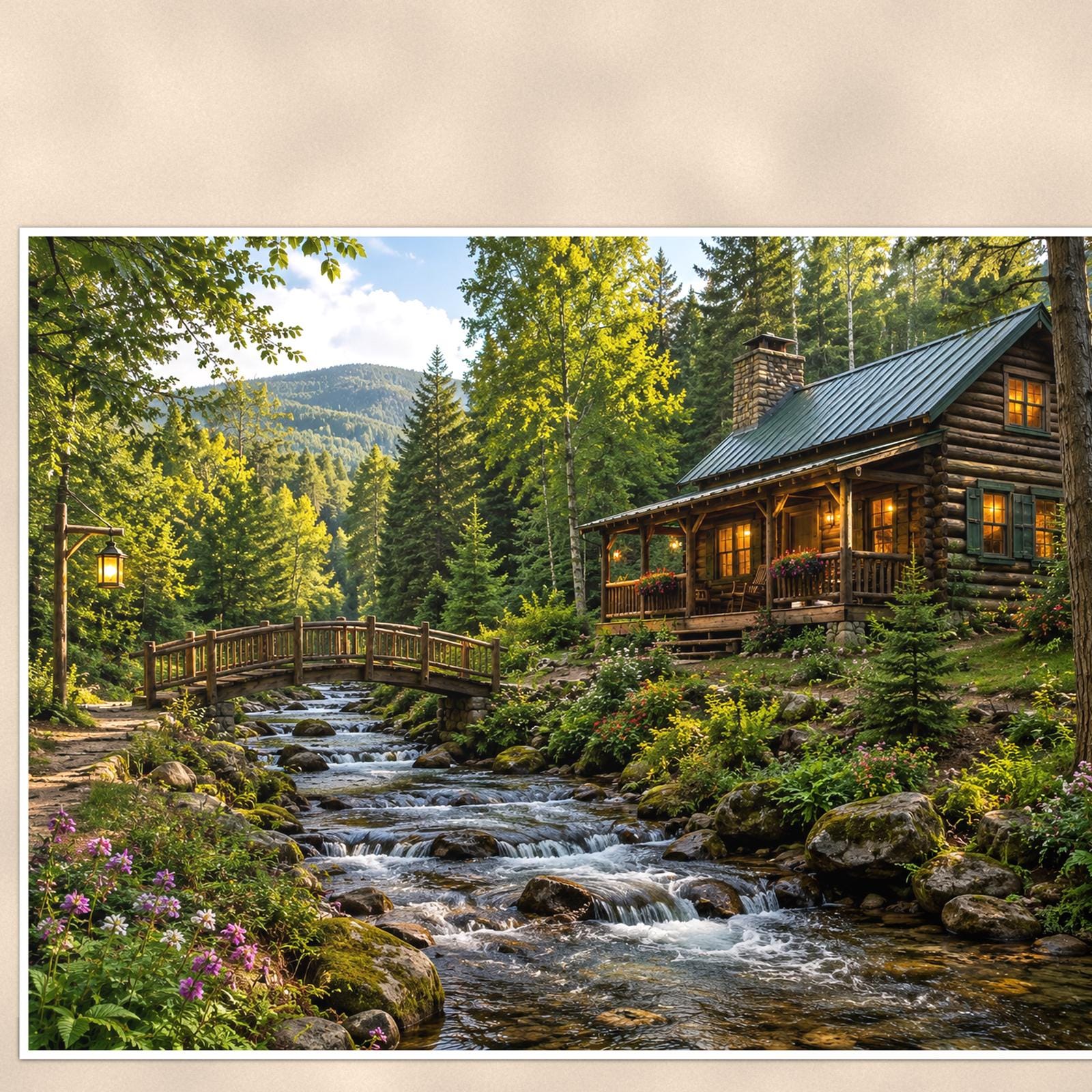 Woodland Creek Cabin — 36x24 in art print poster, premium luster paper with a white border; close-up framed on the main subject of the artwork, paper surface visible.