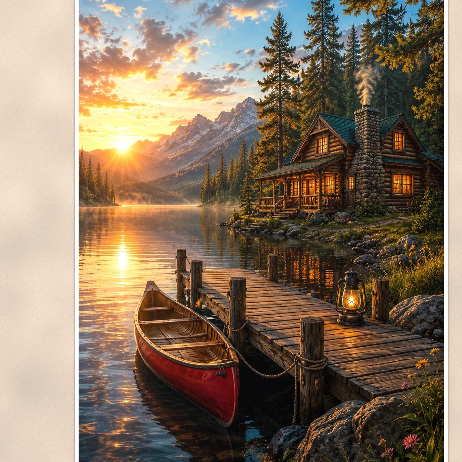 Cabin Canoe Dock — 24x36 in art print poster, premium luster paper with a white border; close-up framed on the main subject of the artwork, paper surface visible.