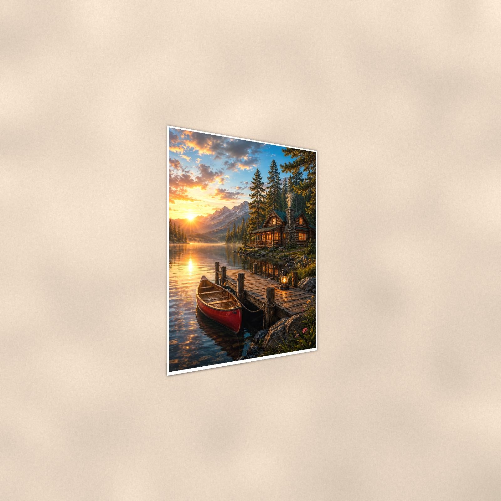 Cabin Canoe Dock — 24x36 in art print poster, premium luster paper with a white border; steeper three-quarter angle on a warm wall, catching the luster sheen.