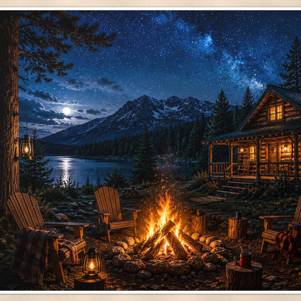Night Cabin Campfire — 36x24 in art print poster, premium luster paper with a white border; close-up framed on the main subject of the artwork, paper surface visible.