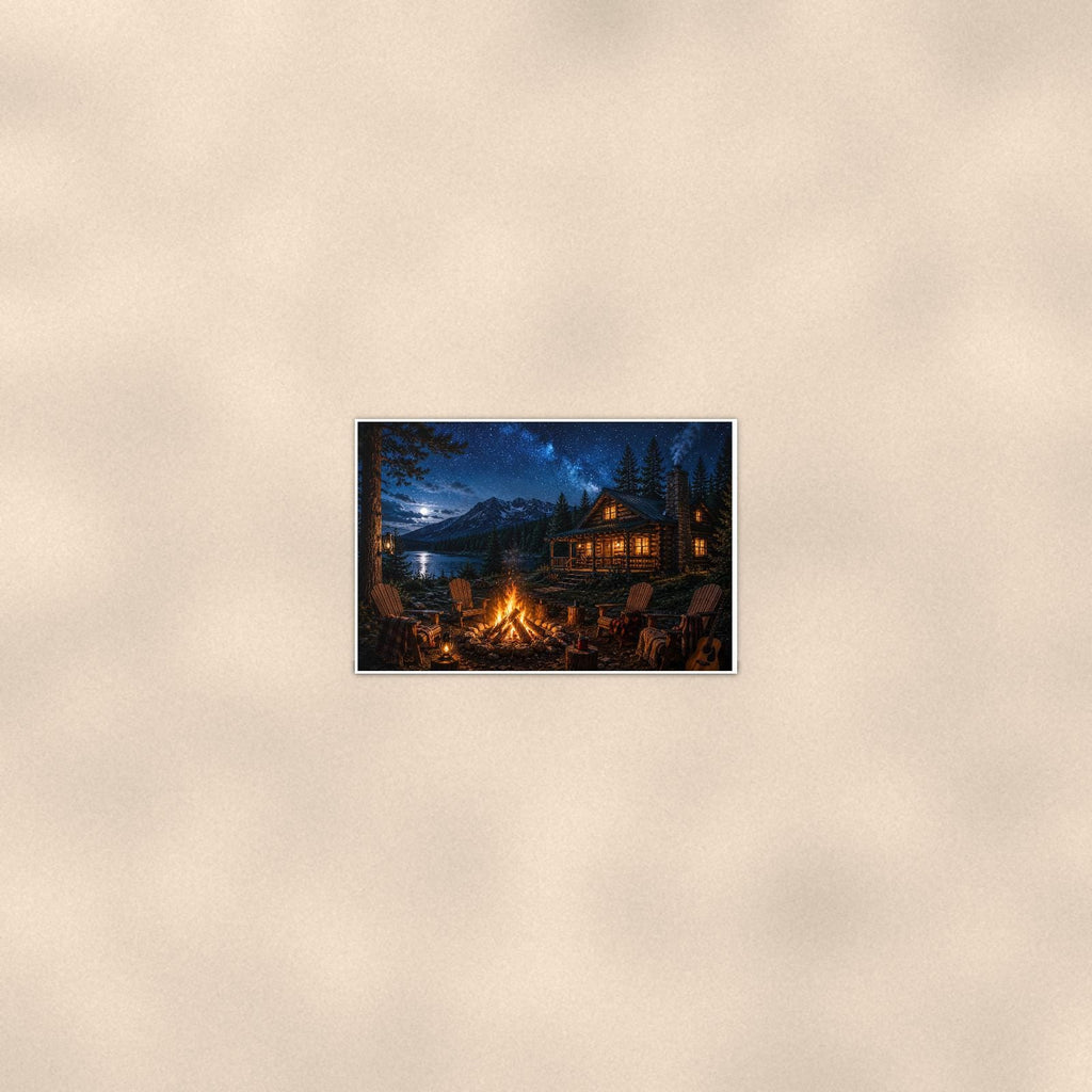 Night Cabin Campfire — 36x24 in art print poster, premium luster paper with a white border; poster seen from further back, at true 24x36 in scale on a warm wall.