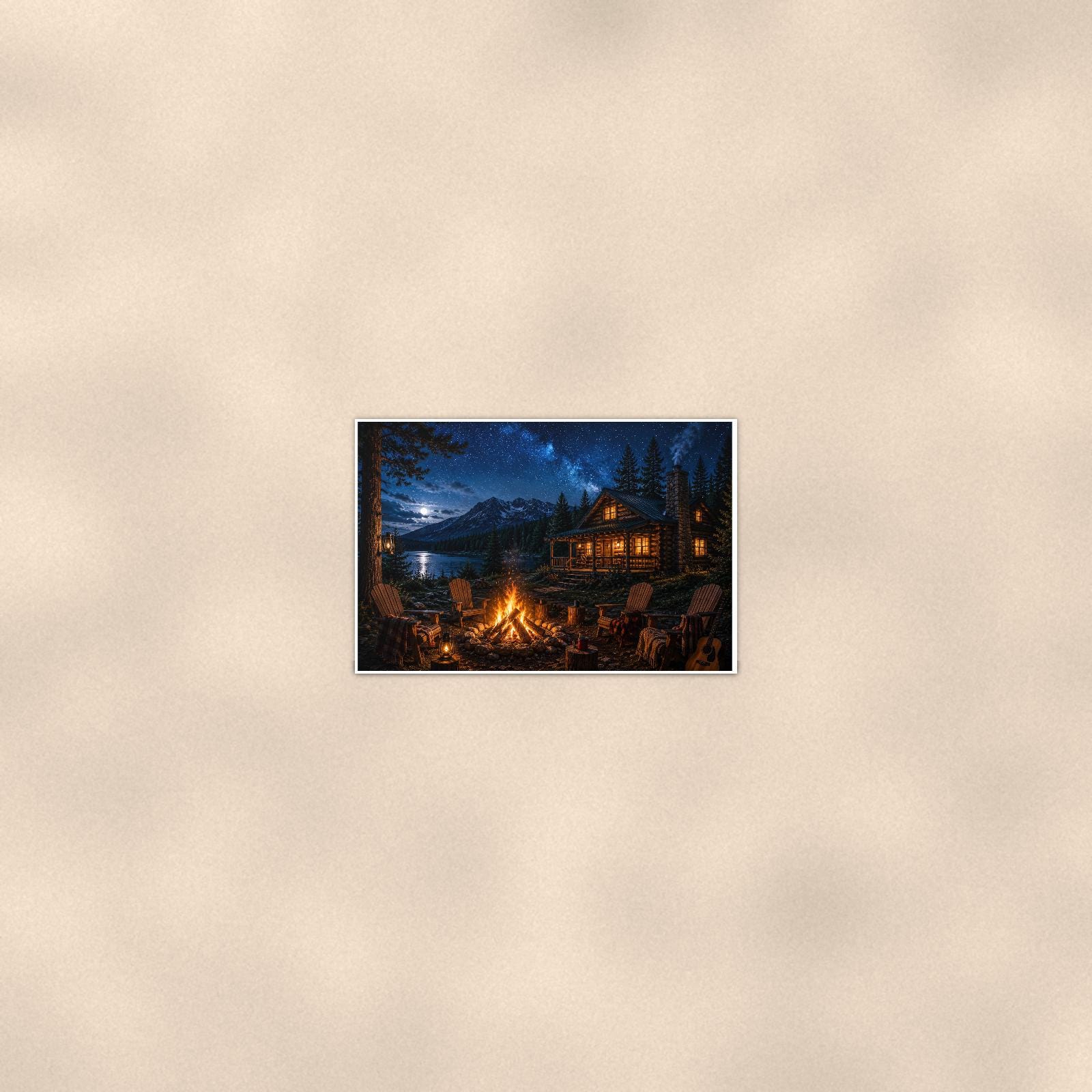Night Cabin Campfire — 36x24 in art print poster, premium luster paper with a white border; poster seen from further back, at true 24x36 in scale on a warm wall.