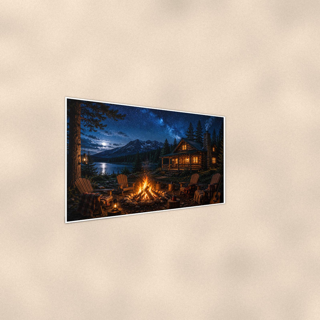 Night Cabin Campfire — 36x24 in art print poster, premium luster paper with a white border; steeper three-quarter angle on a warm wall, catching the luster sheen.