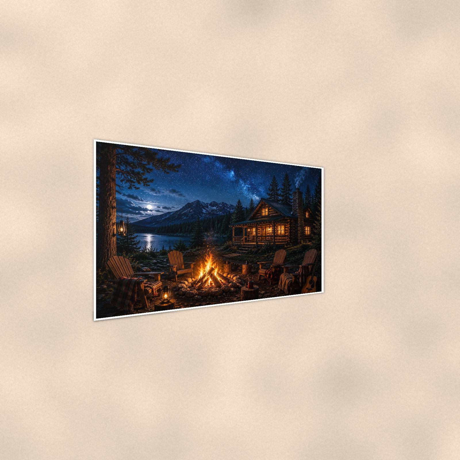 Night Cabin Campfire — 36x24 in art print poster, premium luster paper with a white border; steeper three-quarter angle on a warm wall, catching the luster sheen.