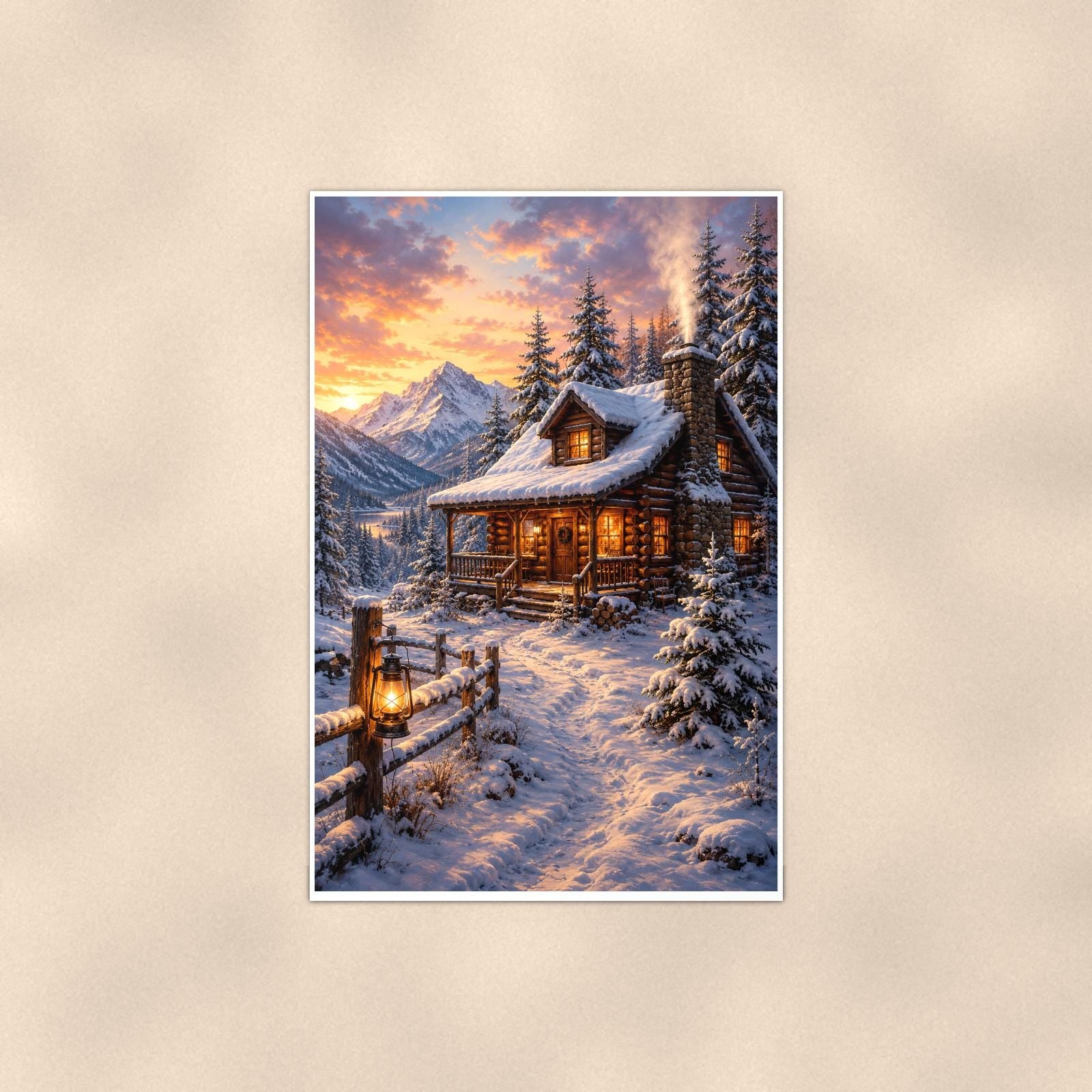 Snowy Porch Cabin — 24x36 in art print poster, premium luster paper with a white border; poster shown straight on against a warm wall.