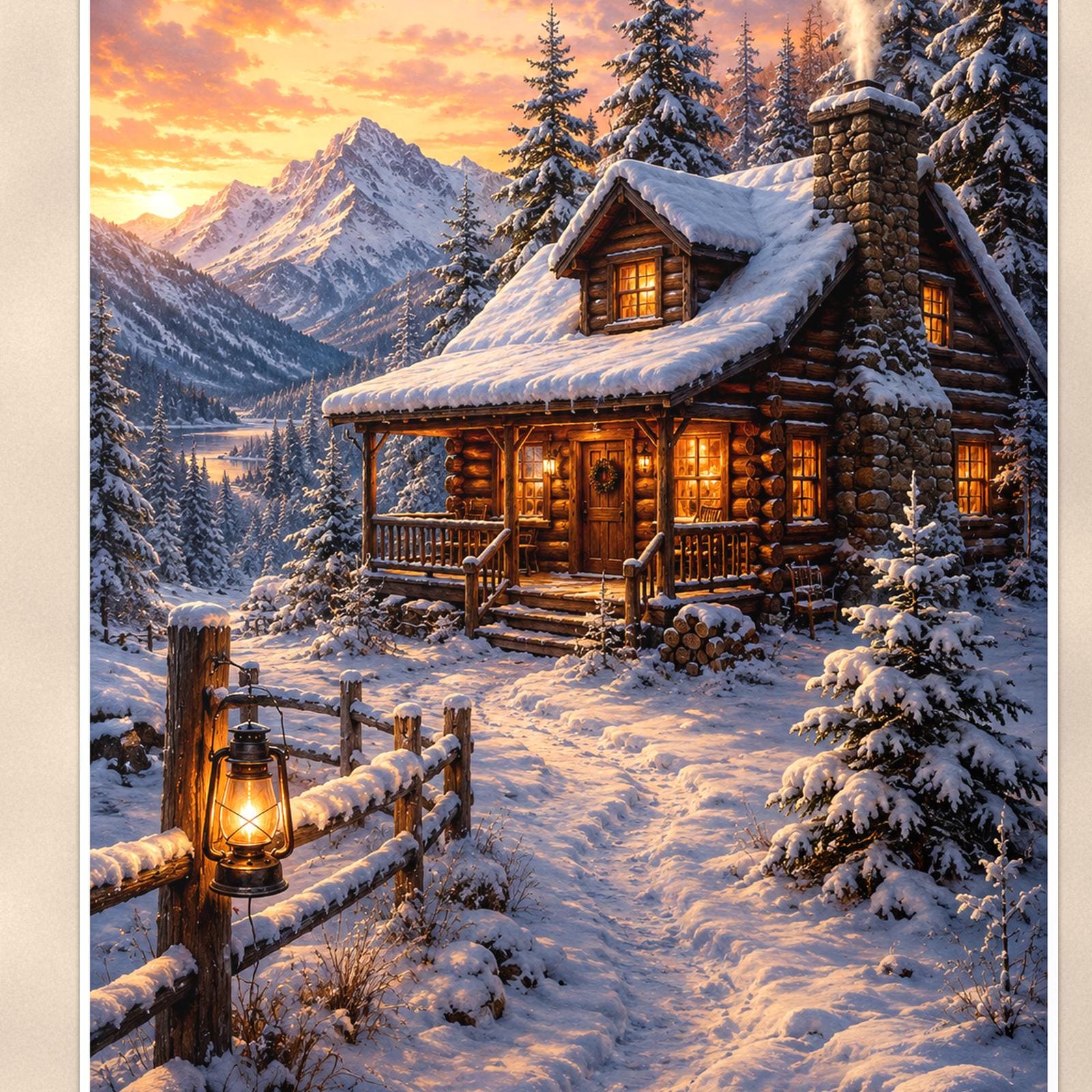 Snowy Porch Cabin — 24x36 in art print poster, premium luster paper with a white border; close-up framed on the main subject of the artwork, paper surface visible.