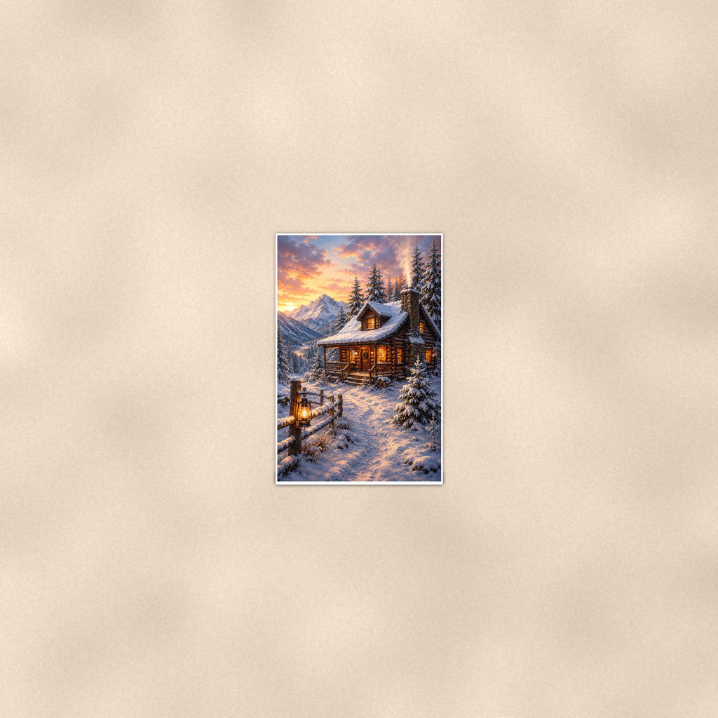 Snowy Porch Cabin — 24x36 in art print poster, premium luster paper with a white border; poster seen from further back, at true 24x36 in scale on a warm wall.