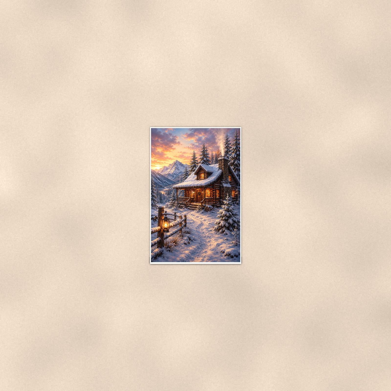 Snowy Porch Cabin — 24x36 in art print poster, premium luster paper with a white border; poster seen from further back, at true 24x36 in scale on a warm wall.