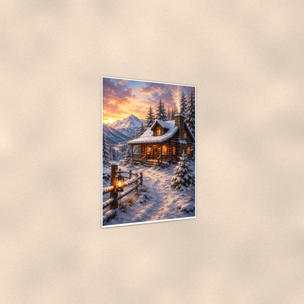 Snowy Porch Cabin — 24x36 in art print poster, premium luster paper with a white border; gentle three-quarter angle on a warm wall, showing the flat paper edge.