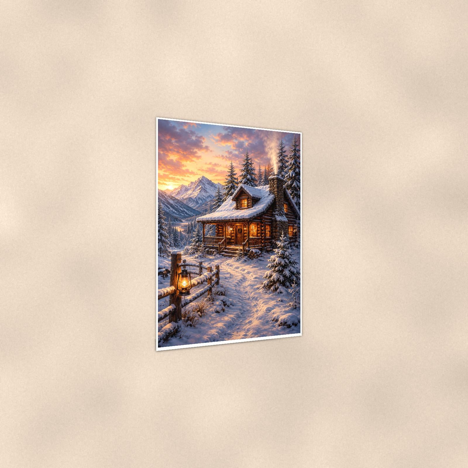 Snowy Porch Cabin — 24x36 in art print poster, premium luster paper with a white border; gentle three-quarter angle on a warm wall, showing the flat paper edge.