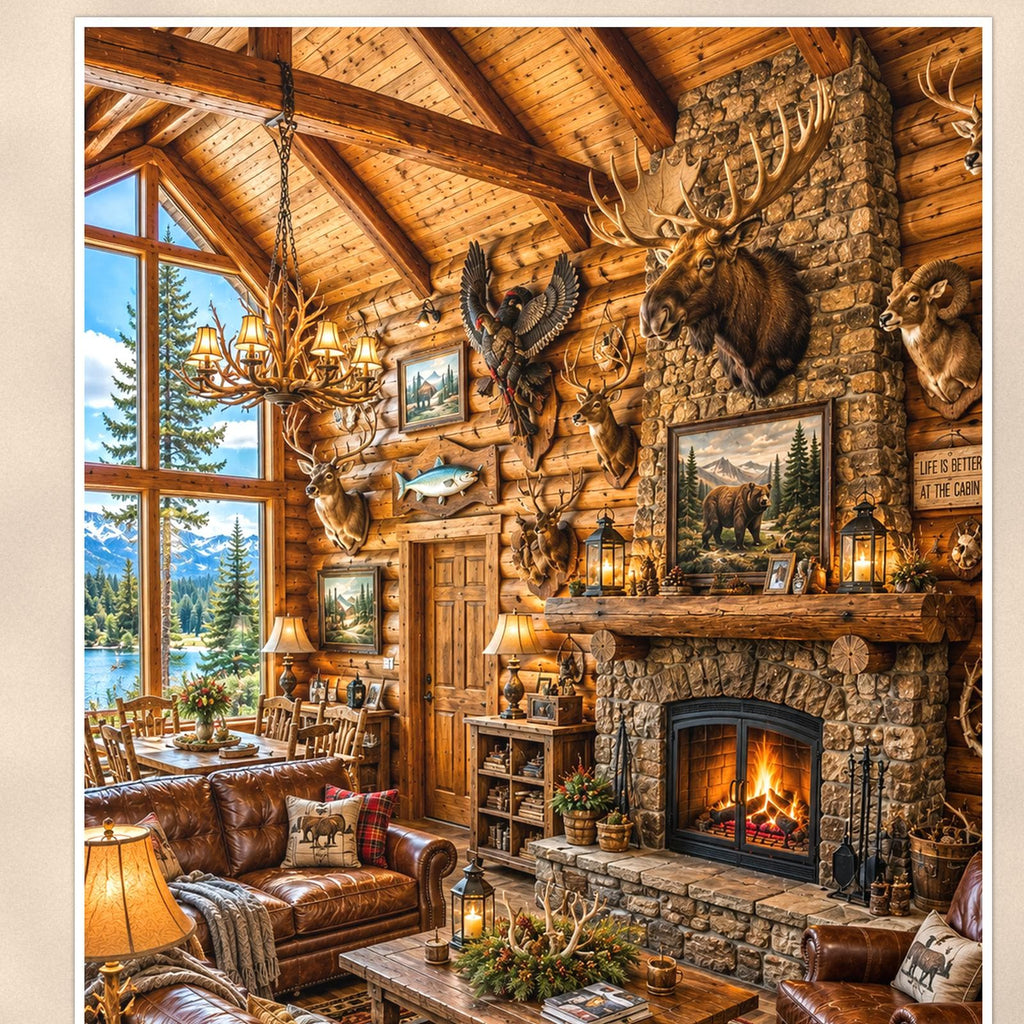 Rustic Cabin Interior — 24x36 in art print poster, premium luster paper with a white border; close-up framed on the main subject of the artwork, paper surface visible.