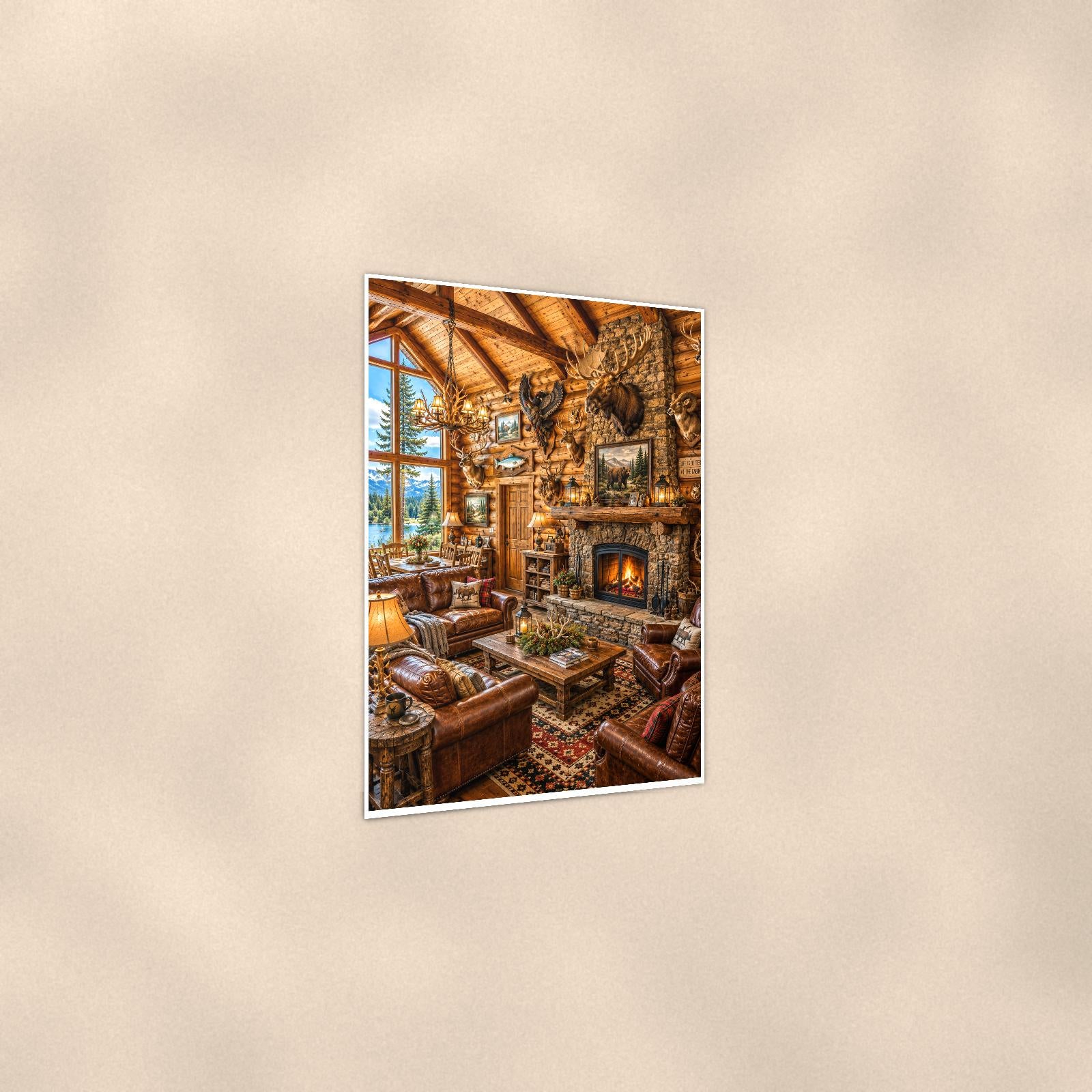 Rustic Cabin Interior — 24x36 in art print poster, premium luster paper with a white border; gentle three-quarter angle on a warm wall, showing the flat paper edge.