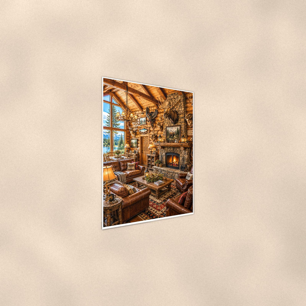 Rustic Cabin Interior — 24x36 in art print poster, premium luster paper with a white border; steeper three-quarter angle on a warm wall, catching the luster sheen.