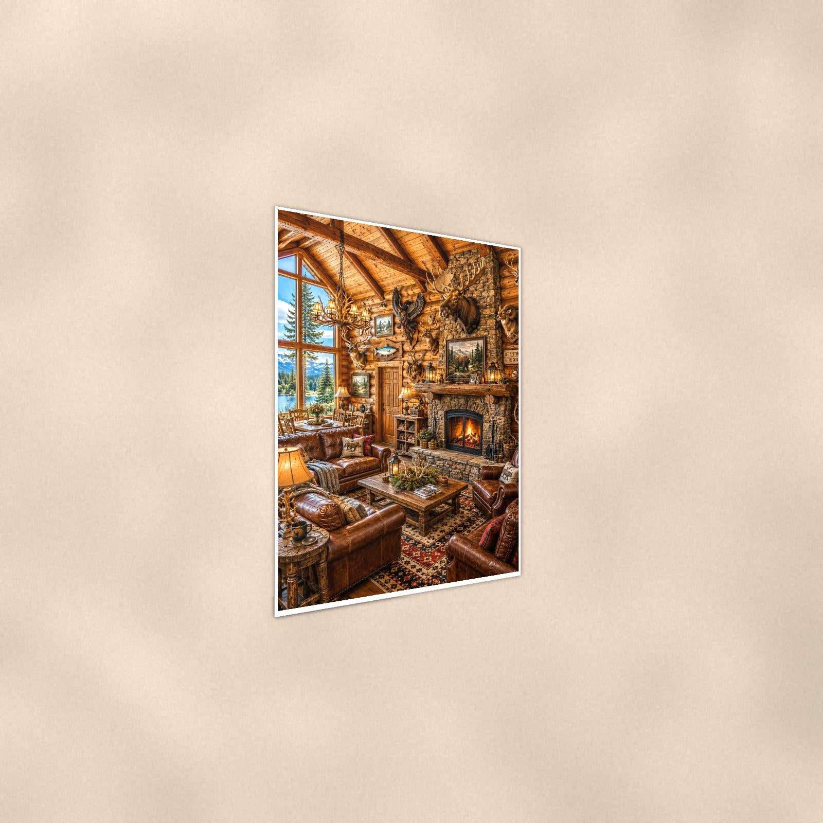 Rustic Cabin Interior — 24x36 in art print poster, premium luster paper with a white border; steeper three-quarter angle on a warm wall, catching the luster sheen.
