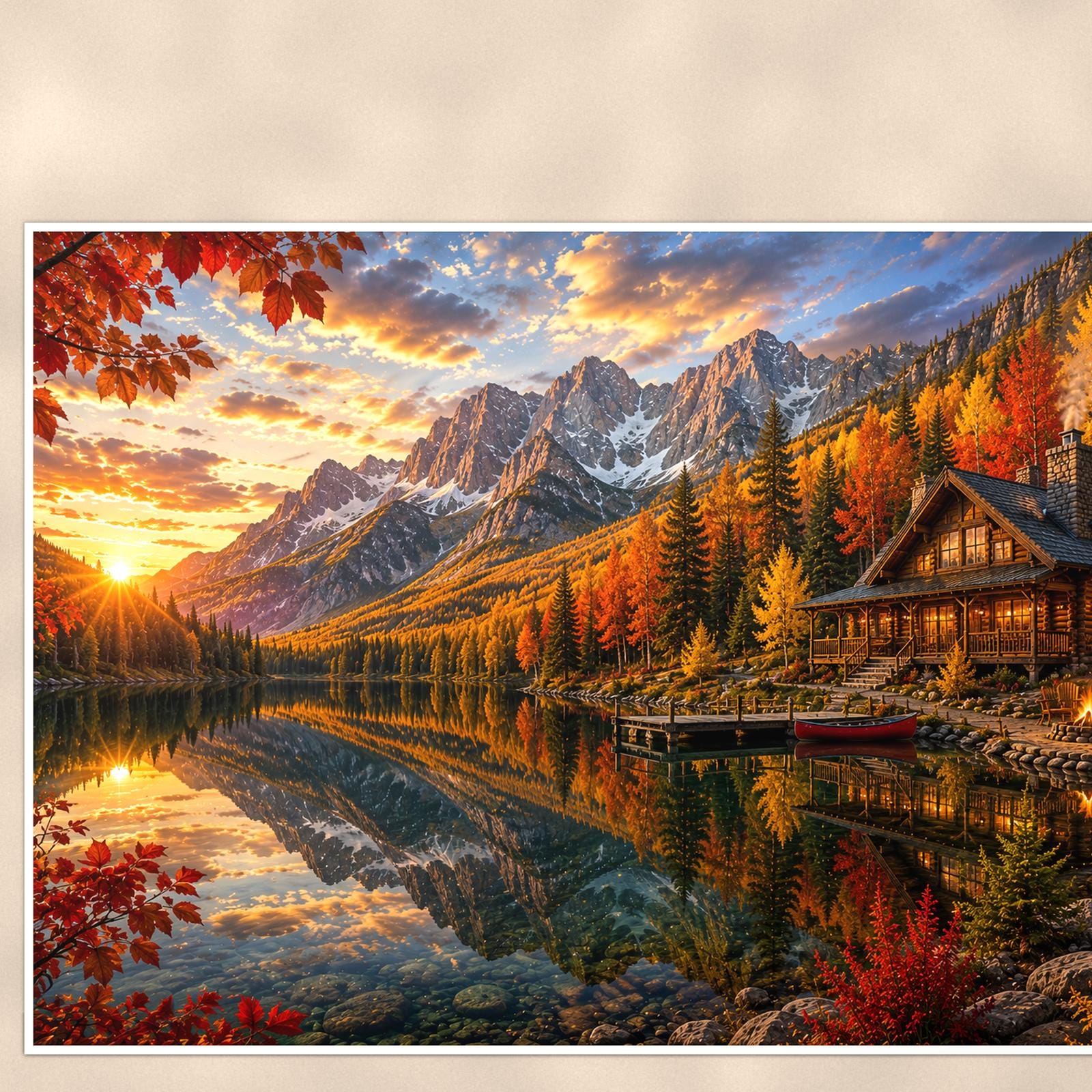 Autumn Lake Cabin — 36x24 in art print poster, premium luster paper with a white border; close-up framed on the main subject of the artwork, paper surface visible.