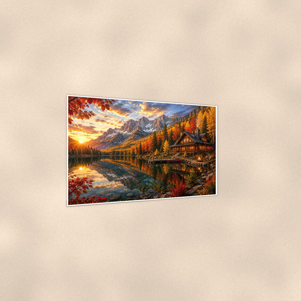 Autumn Lake Cabin — 36x24 in art print poster, premium luster paper with a white border; gentle three-quarter angle on a warm wall, showing the flat paper edge.
