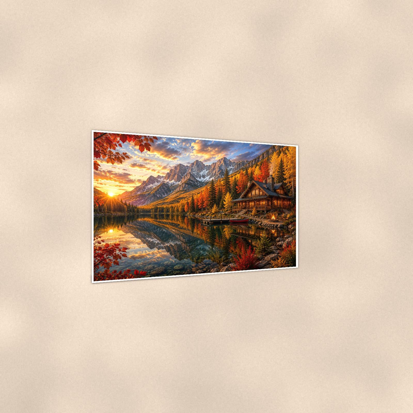 Autumn Lake Cabin — 36x24 in art print poster, premium luster paper with a white border; gentle three-quarter angle on a warm wall, showing the flat paper edge.