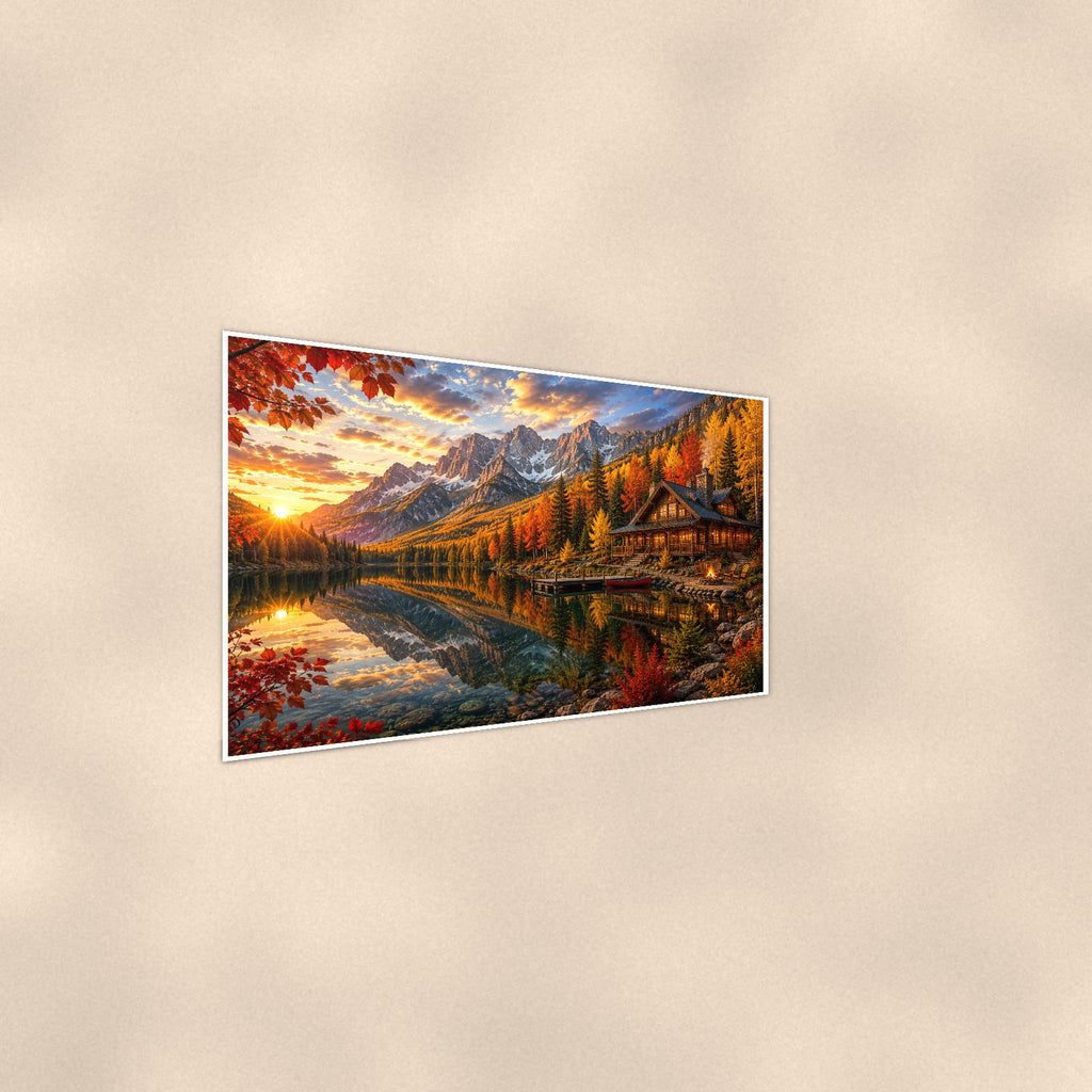 Autumn Lake Cabin — 36x24 in art print poster, premium luster paper with a white border; steeper three-quarter angle on a warm wall, catching the luster sheen.