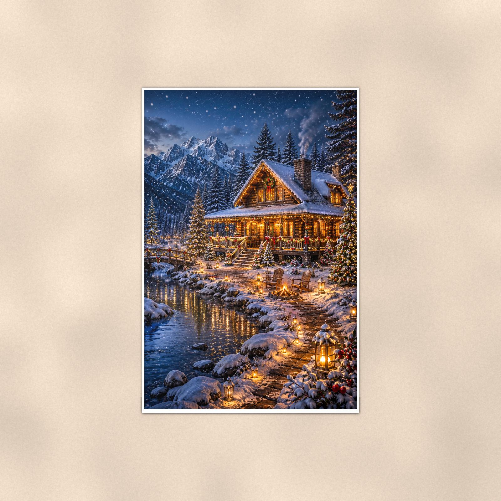 Snowy Cabin Lake — 24x36 in art print poster, premium luster paper with a white border; poster shown straight on against a warm wall.