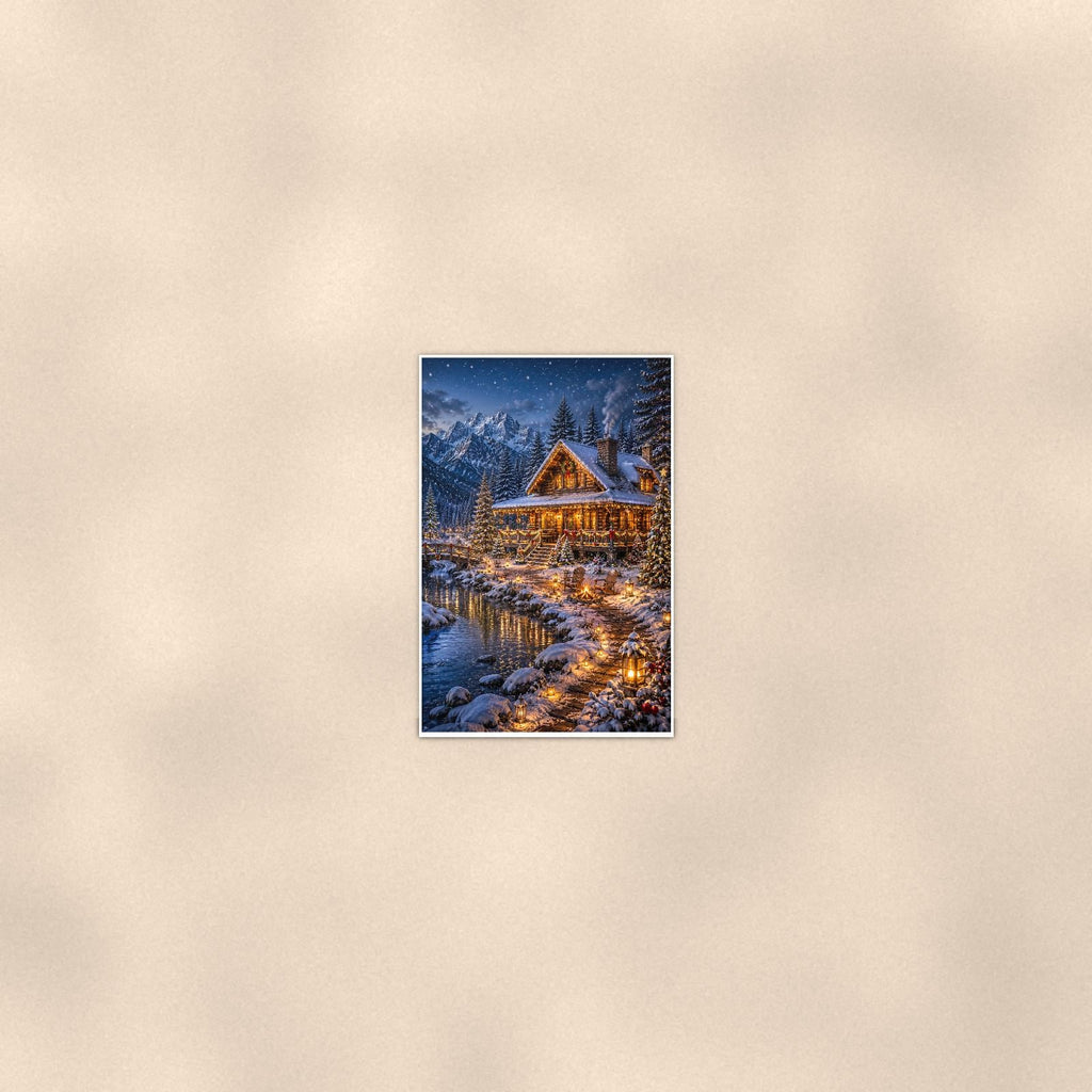 Snowy Cabin Lake — 24x36 in art print poster, premium luster paper with a white border; poster seen from further back, at true 24x36 in scale on a warm wall.