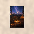 Starry Campfire Tents — 24x36 in art print poster, premium luster paper with a white border; poster shown straight on against a warm wall.