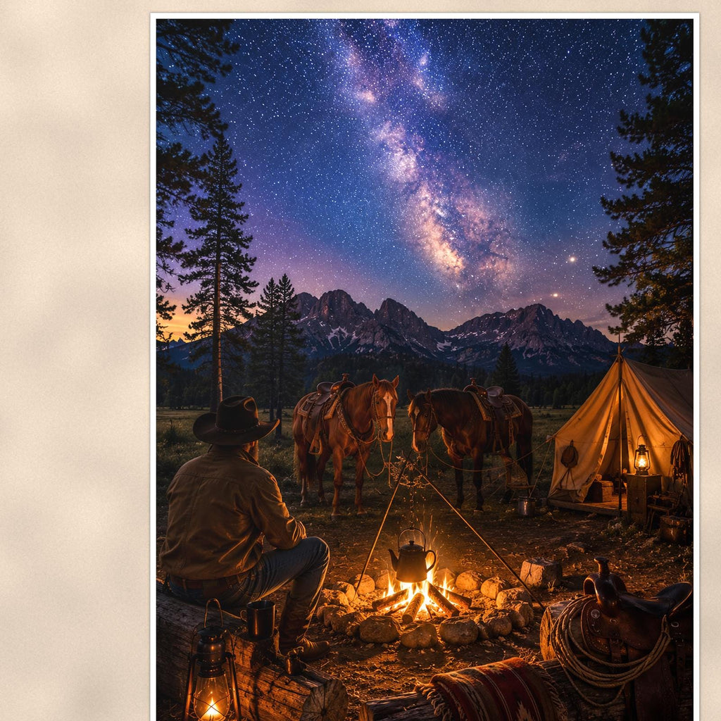 Starry Campfire Tents — 24x36 in art print poster, premium luster paper with a white border; close-up framed on the main subject of the artwork, paper surface visible.