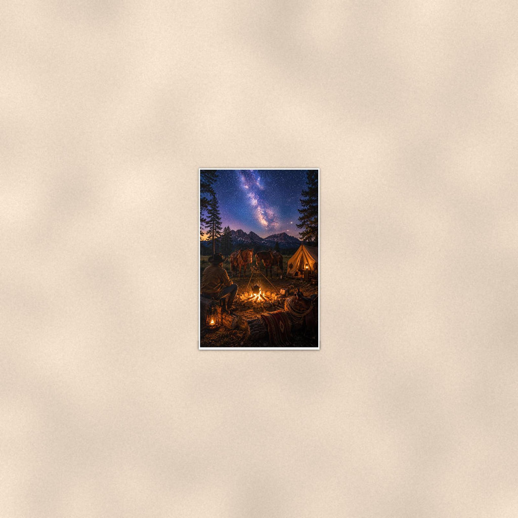 Starry Campfire Tents — 24x36 in art print poster, premium luster paper with a white border; poster seen from further back, at true 24x36 in scale on a warm wall.