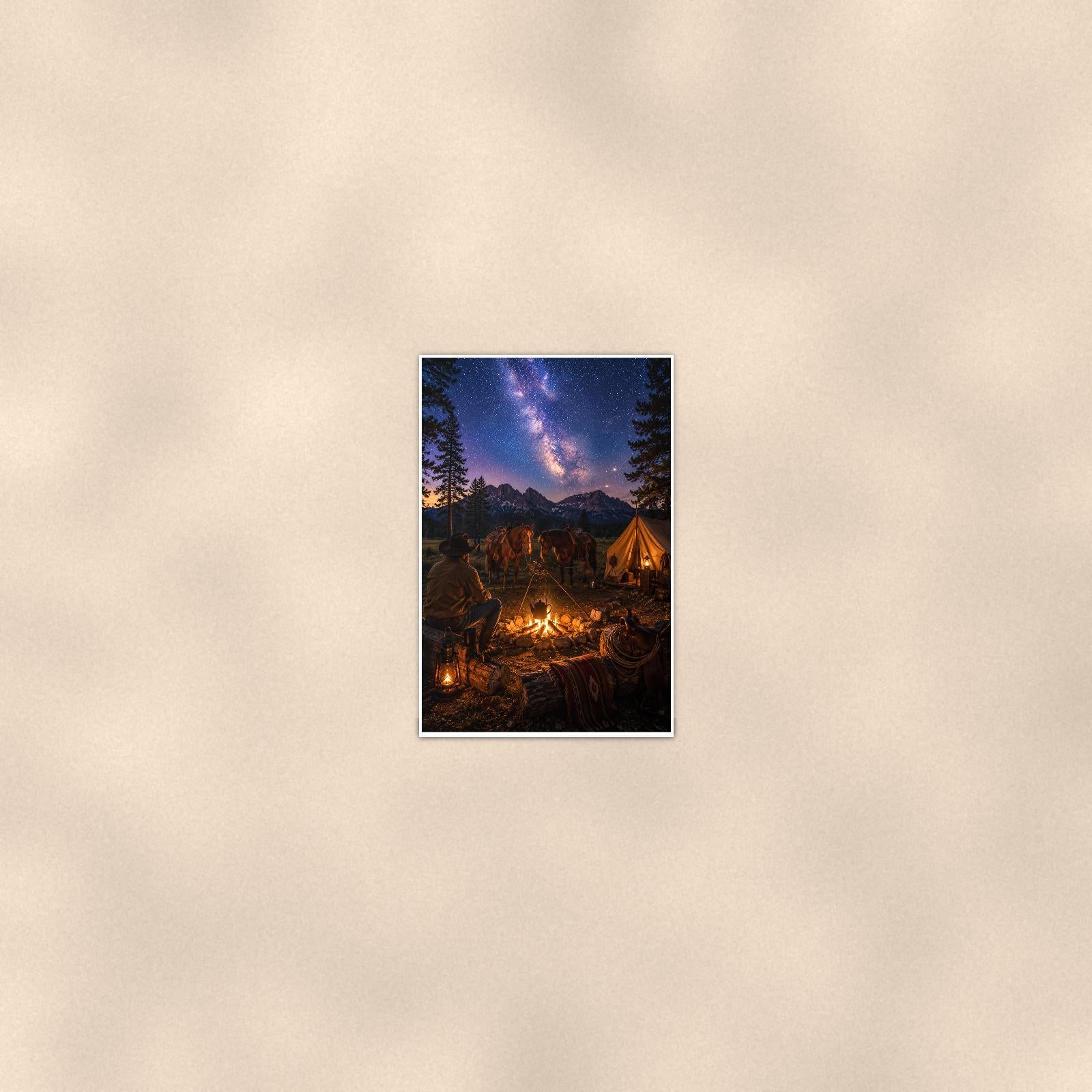 Starry Campfire Tents — 24x36 in art print poster, premium luster paper with a white border; poster seen from further back, at true 24x36 in scale on a warm wall.