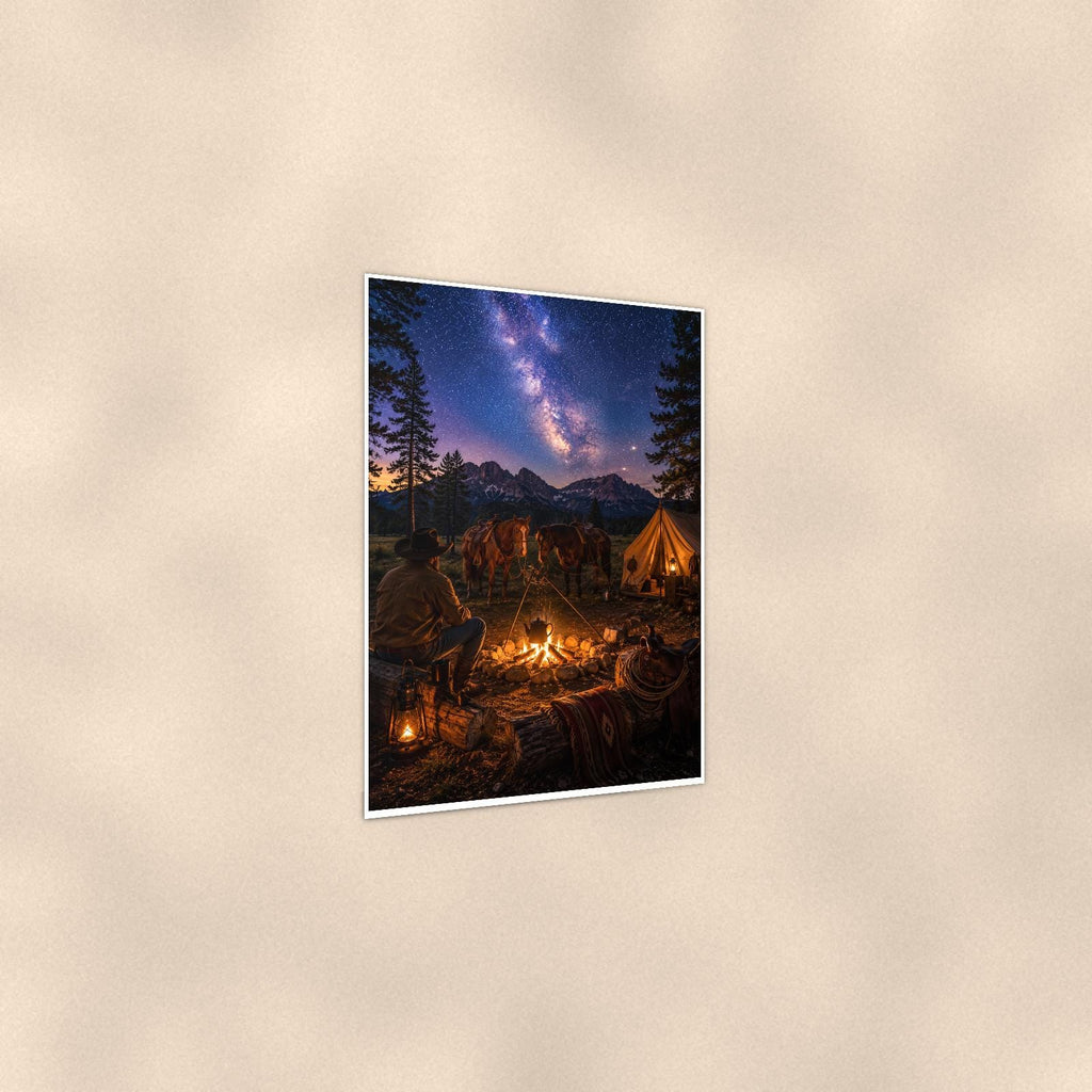 Starry Campfire Tents — 24x36 in art print poster, premium luster paper with a white border; gentle three-quarter angle on a warm wall, showing the flat paper edge.