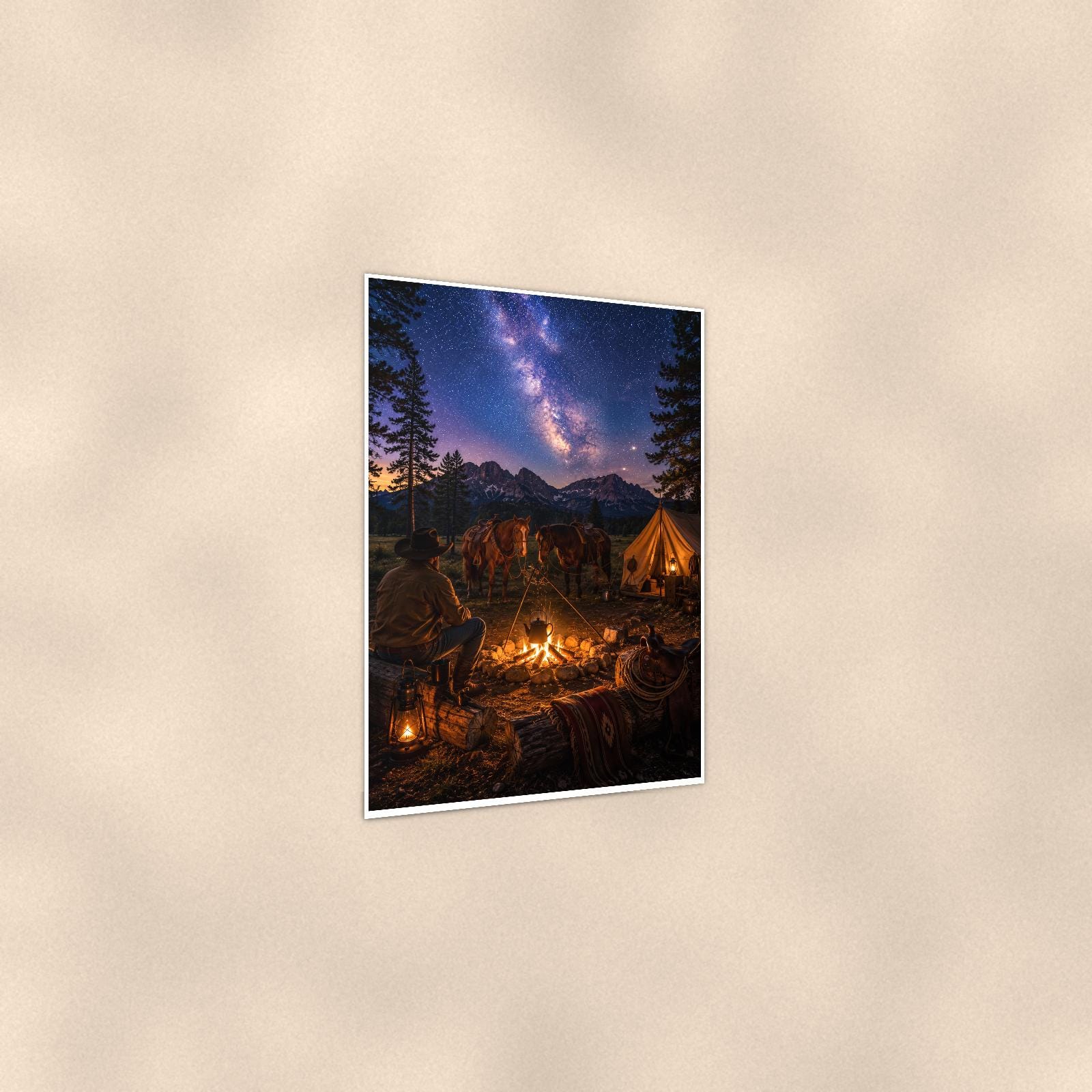 Starry Campfire Tents — 24x36 in art print poster, premium luster paper with a white border; gentle three-quarter angle on a warm wall, showing the flat paper edge.