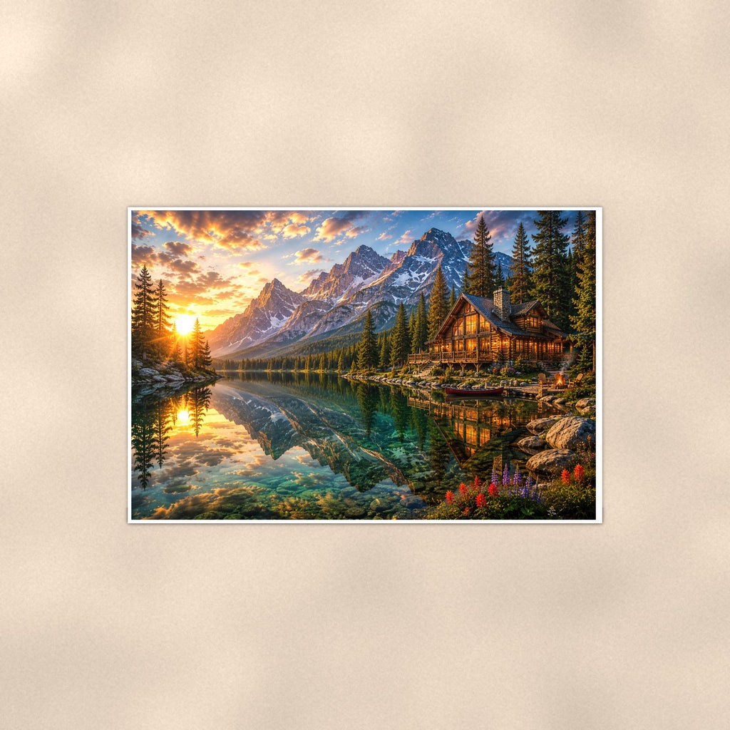 Mountain Lake Cabin — 36x24 in art print poster, premium luster paper with a white border; poster shown straight on against a warm wall.