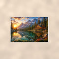 Mountain Lake Cabin — 36x24 in art print poster, premium luster paper with a white border; poster shown straight on against a warm wall.