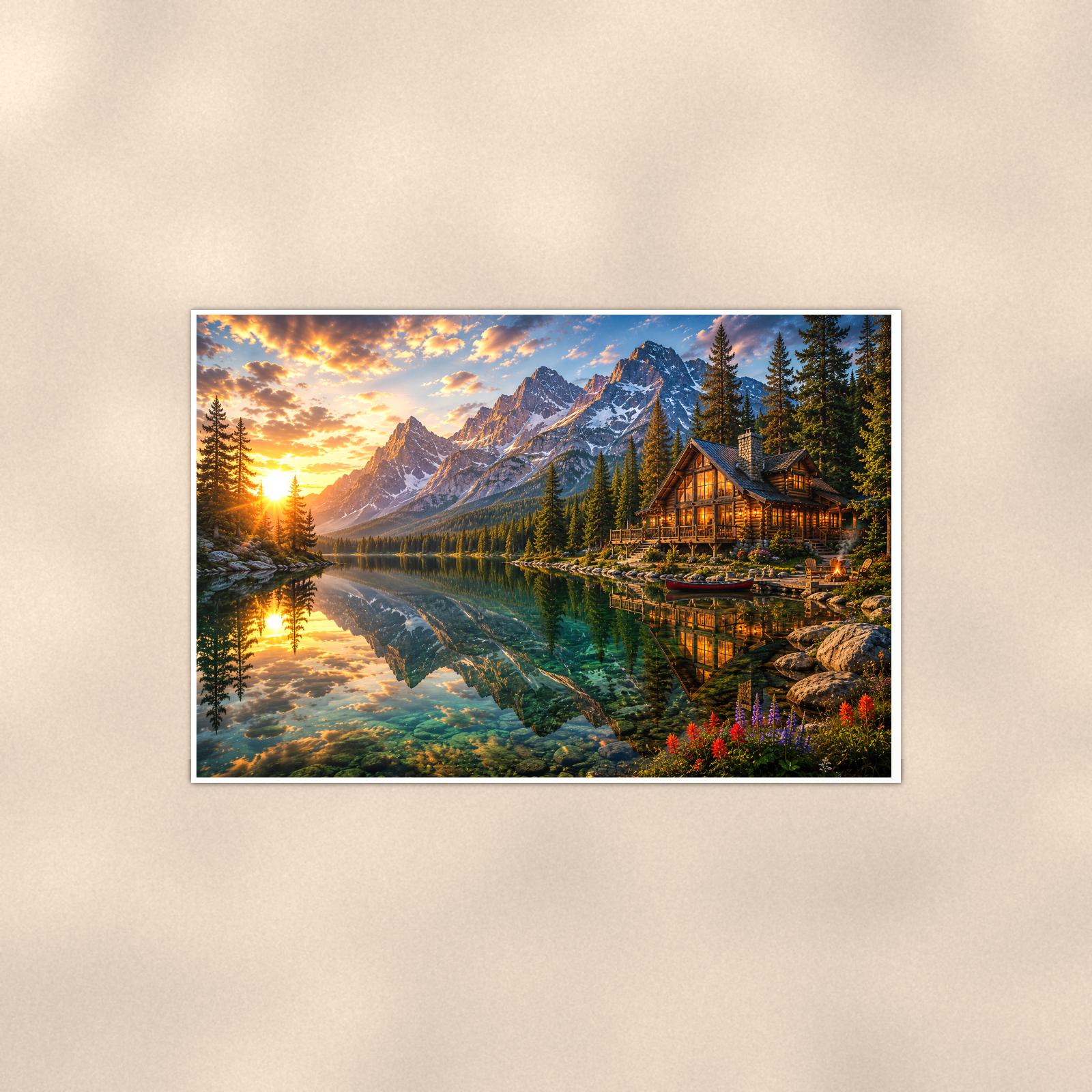 Mountain Lake Cabin — 36x24 in art print poster, premium luster paper with a white border; poster shown straight on against a warm wall.