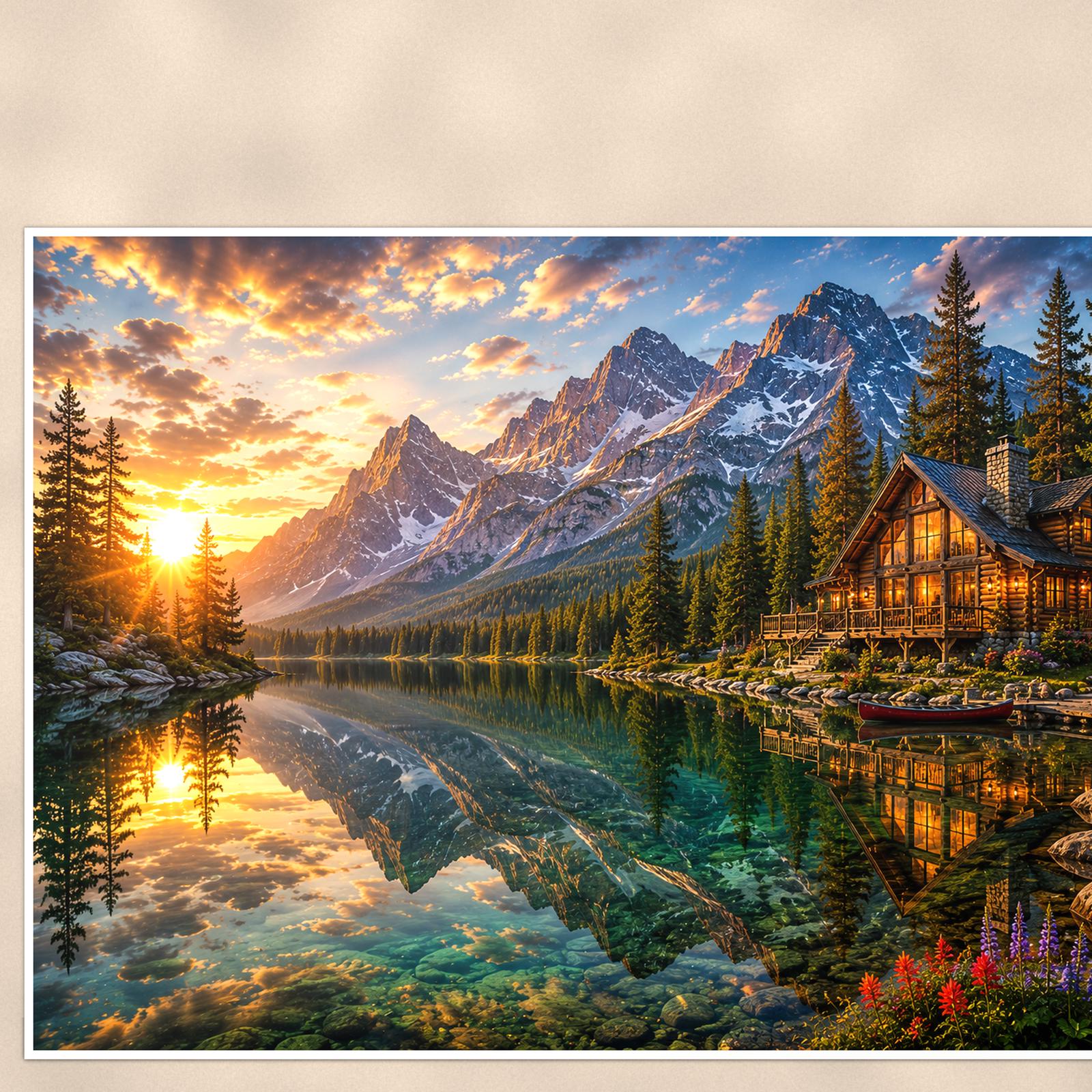 Mountain Lake Cabin — 36x24 in art print poster, premium luster paper with a white border; close-up framed on the main subject of the artwork, paper surface visible.
