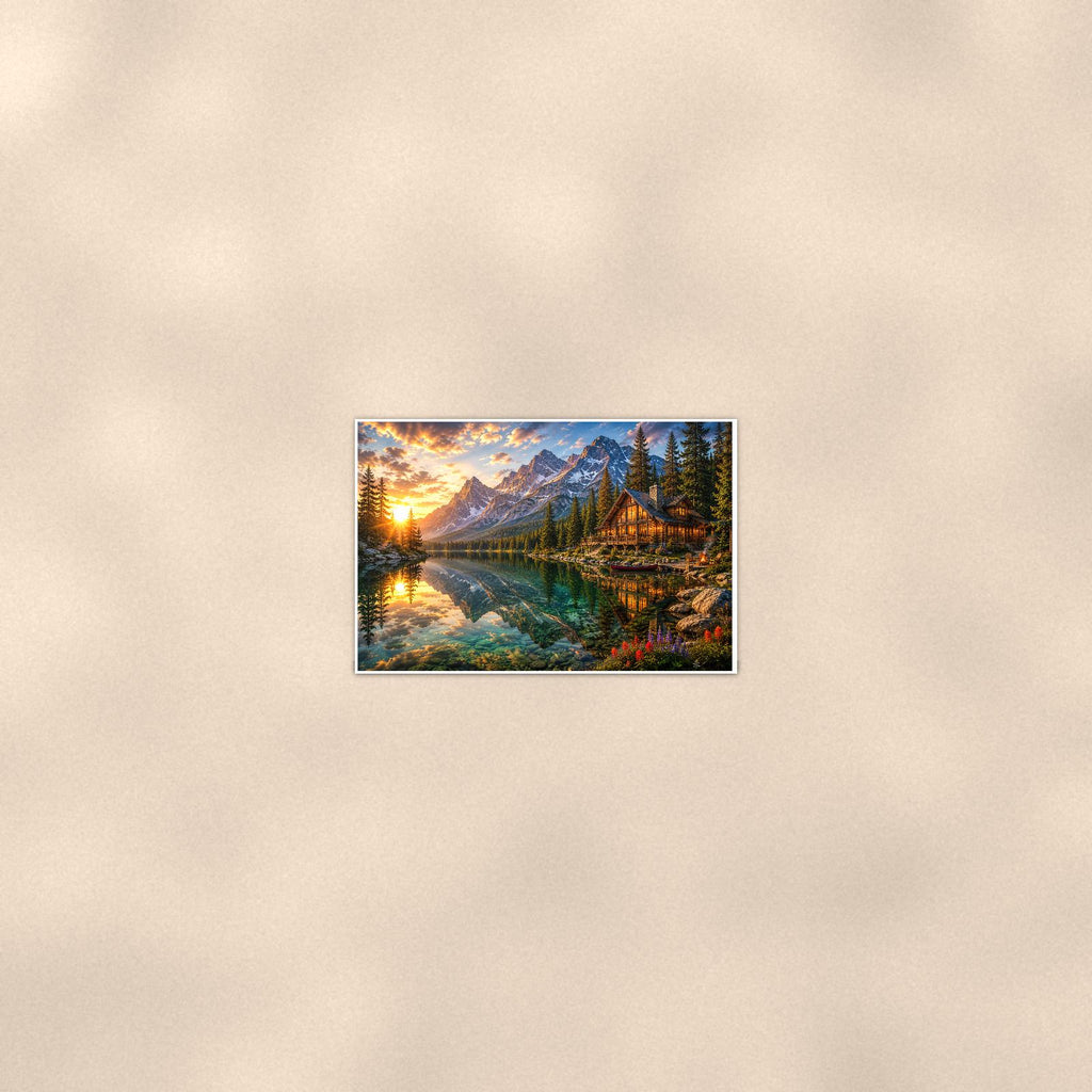 Mountain Lake Cabin — 36x24 in art print poster, premium luster paper with a white border; poster seen from further back, at true 24x36 in scale on a warm wall.