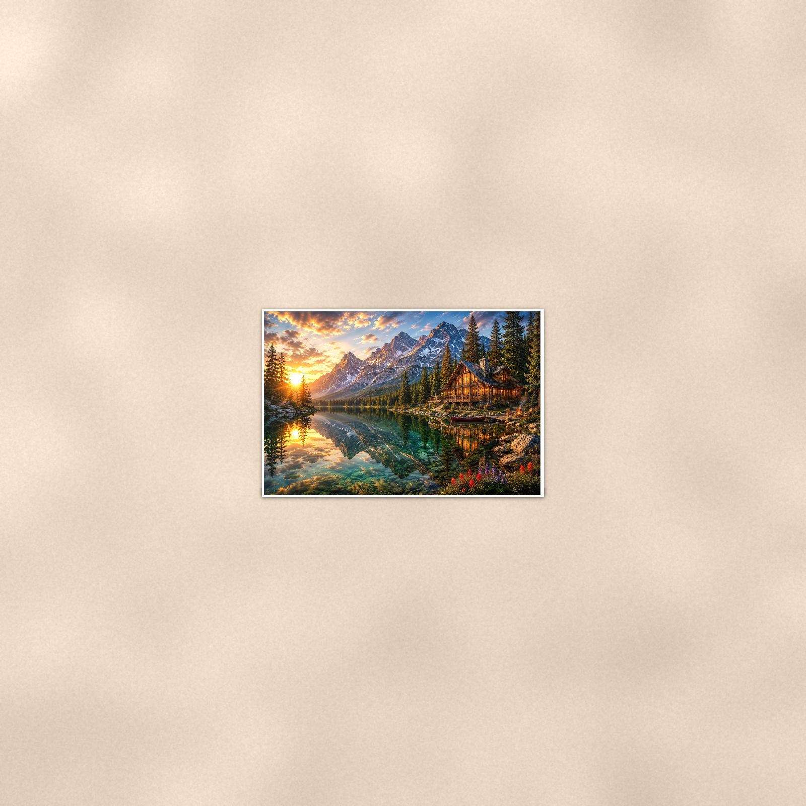 Mountain Lake Cabin — 36x24 in art print poster, premium luster paper with a white border; poster seen from further back, at true 24x36 in scale on a warm wall.