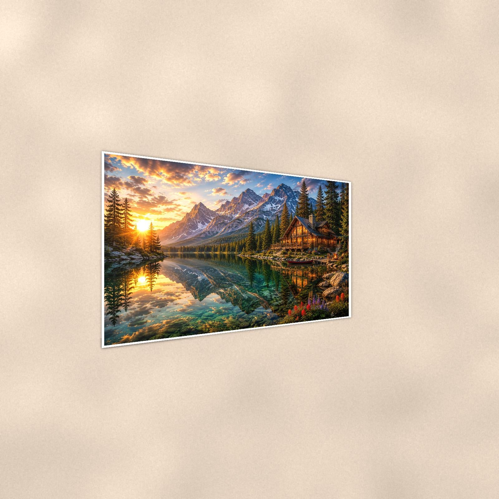 Mountain Lake Cabin — 36x24 in art print poster, premium luster paper with a white border; steeper three-quarter angle on a warm wall, catching the luster sheen.