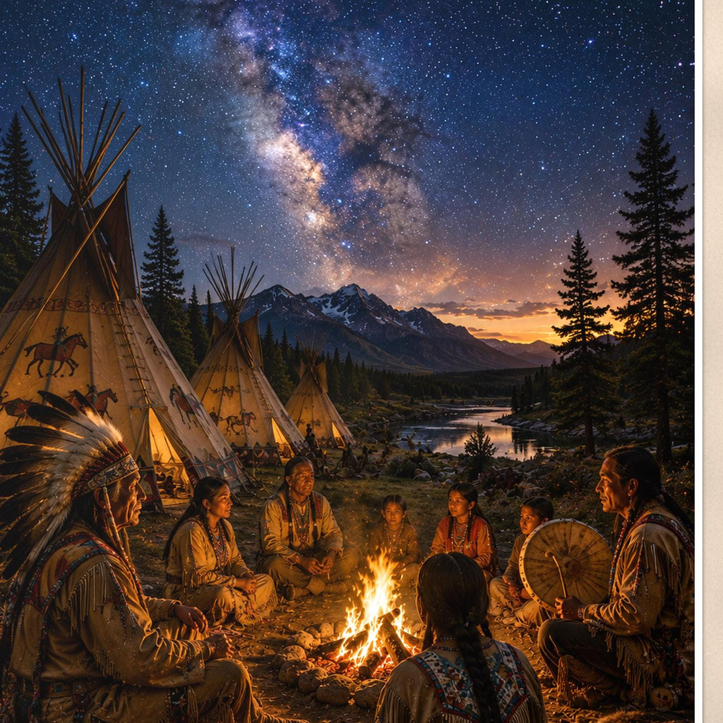Starry Family Campfire — 24x36 in art print poster, premium luster paper with a white border; close-up framed on the main subject of the artwork, paper surface visible.