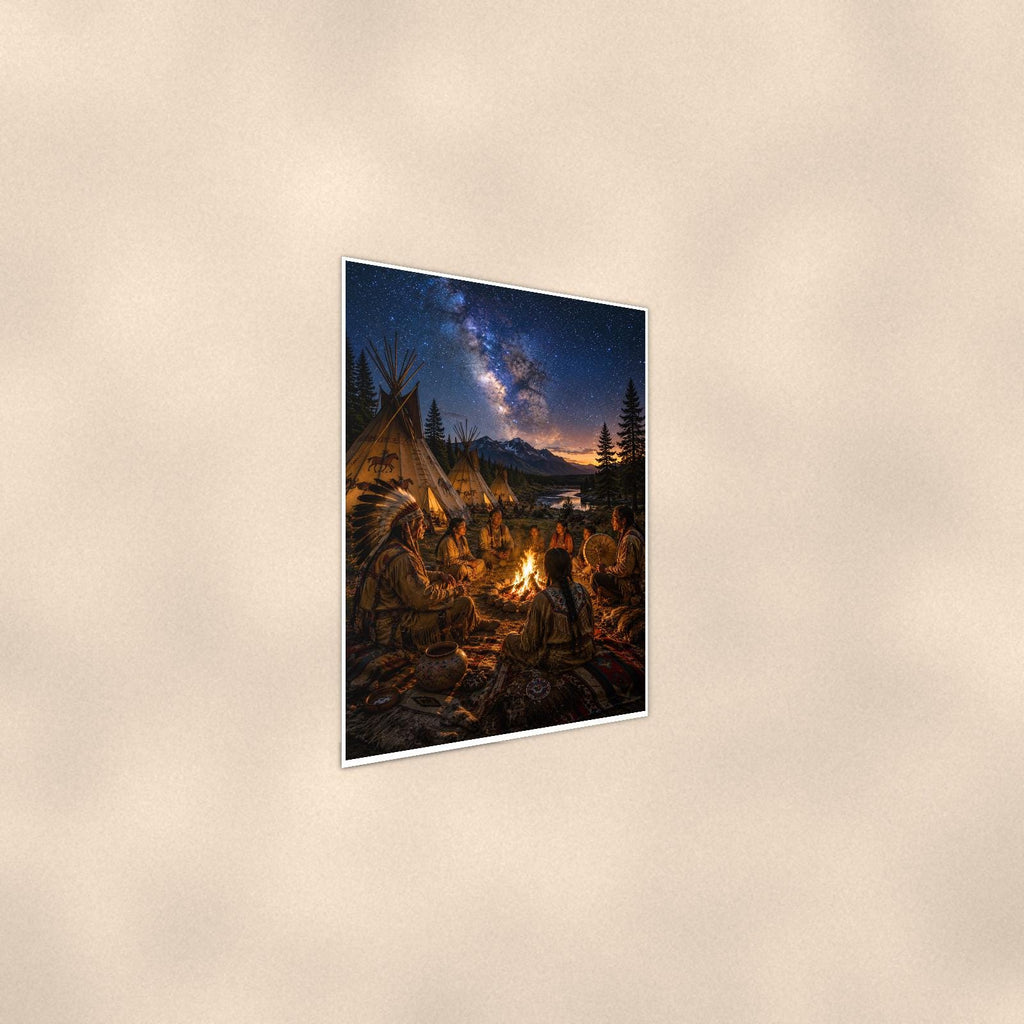Starry Family Campfire — 24x36 in art print poster, premium luster paper with a white border; steeper three-quarter angle on a warm wall, catching the luster sheen.