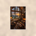 Cozy Cabin Interior — 24x36 in art print poster, premium luster paper with a white border; poster shown straight on against a warm wall.
