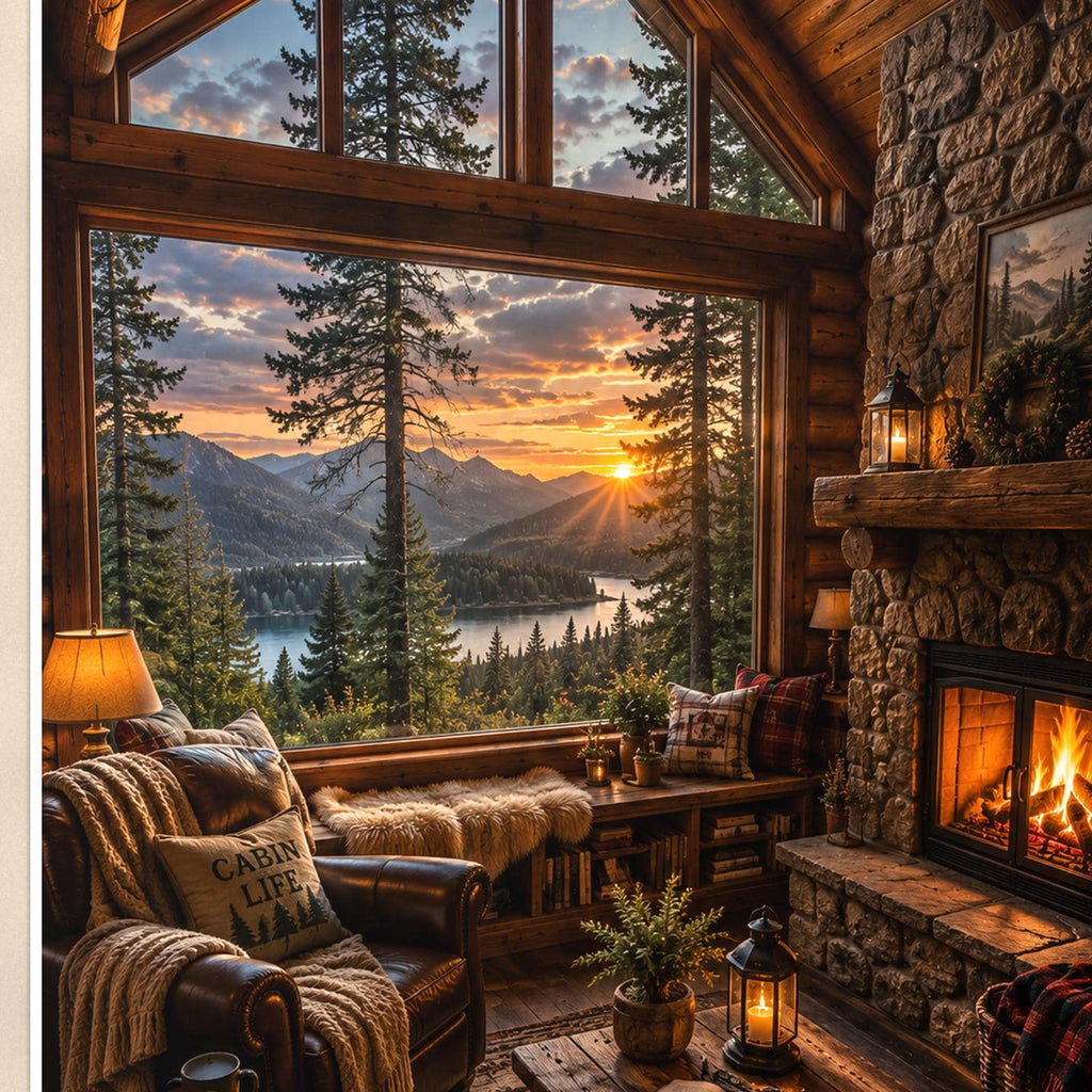 Cozy Cabin Interior — 24x36 in art print poster, premium luster paper with a white border; close-up framed on the main subject of the artwork, paper surface visible.