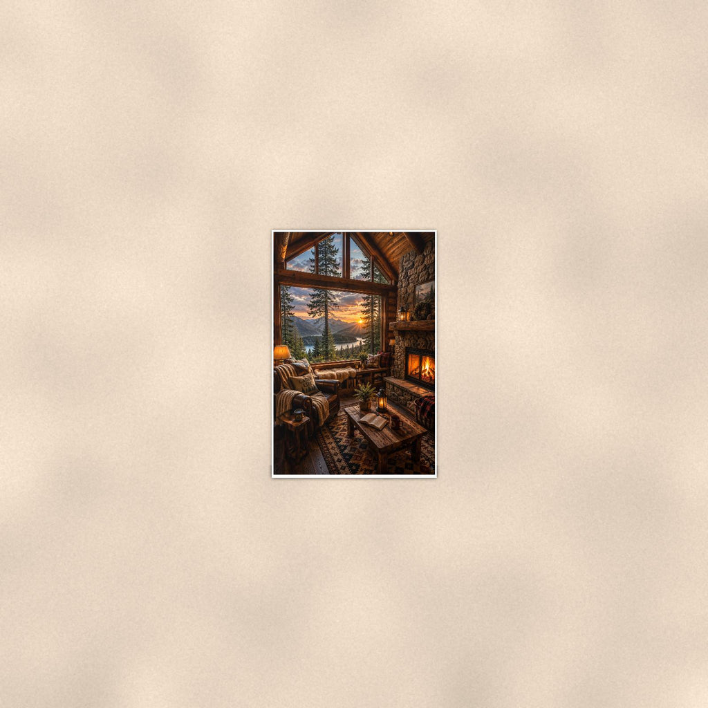 Cozy Cabin Interior — 24x36 in art print poster, premium luster paper with a white border; poster seen from further back, at true 24x36 in scale on a warm wall.
