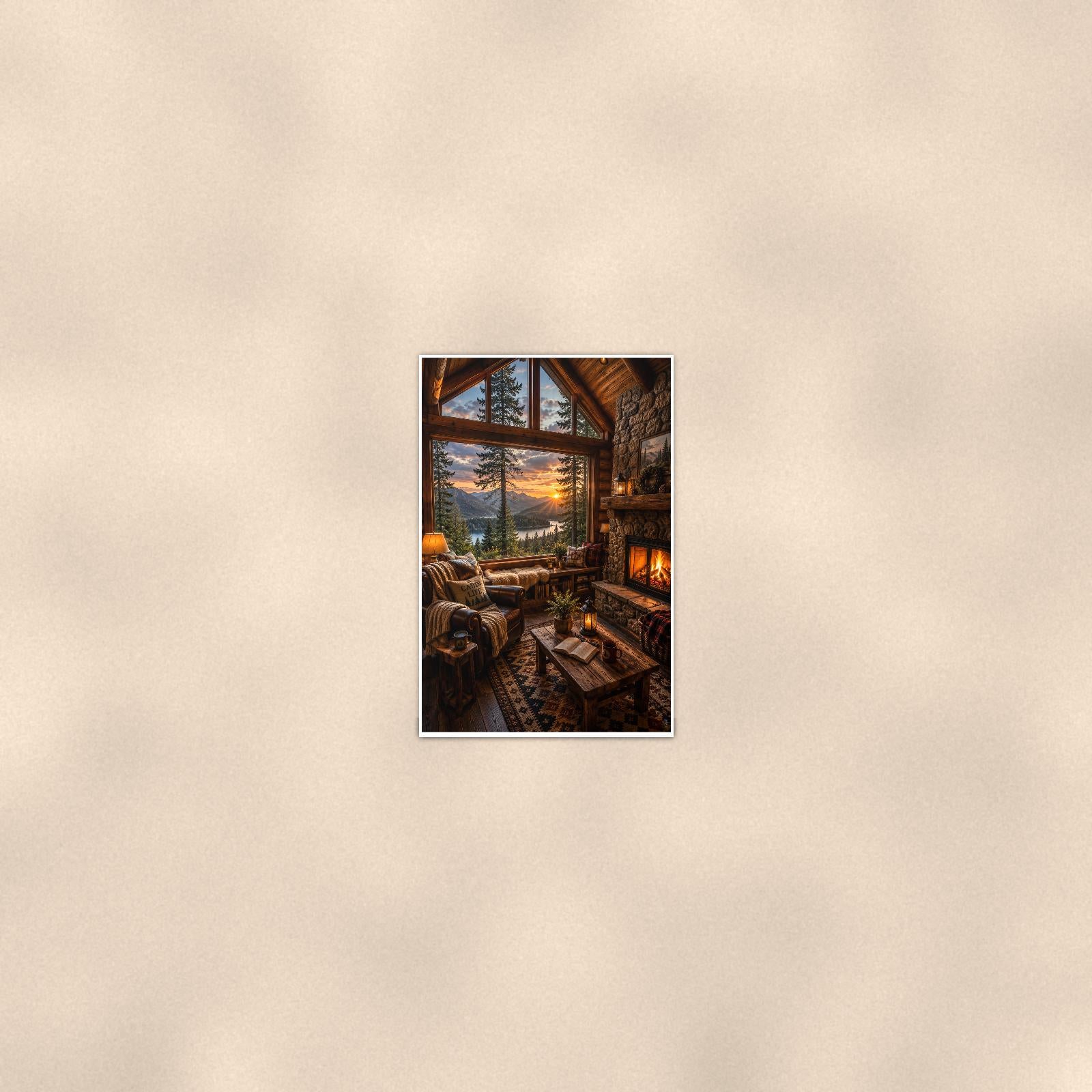 Cozy Cabin Interior — 24x36 in art print poster, premium luster paper with a white border; poster seen from further back, at true 24x36 in scale on a warm wall.