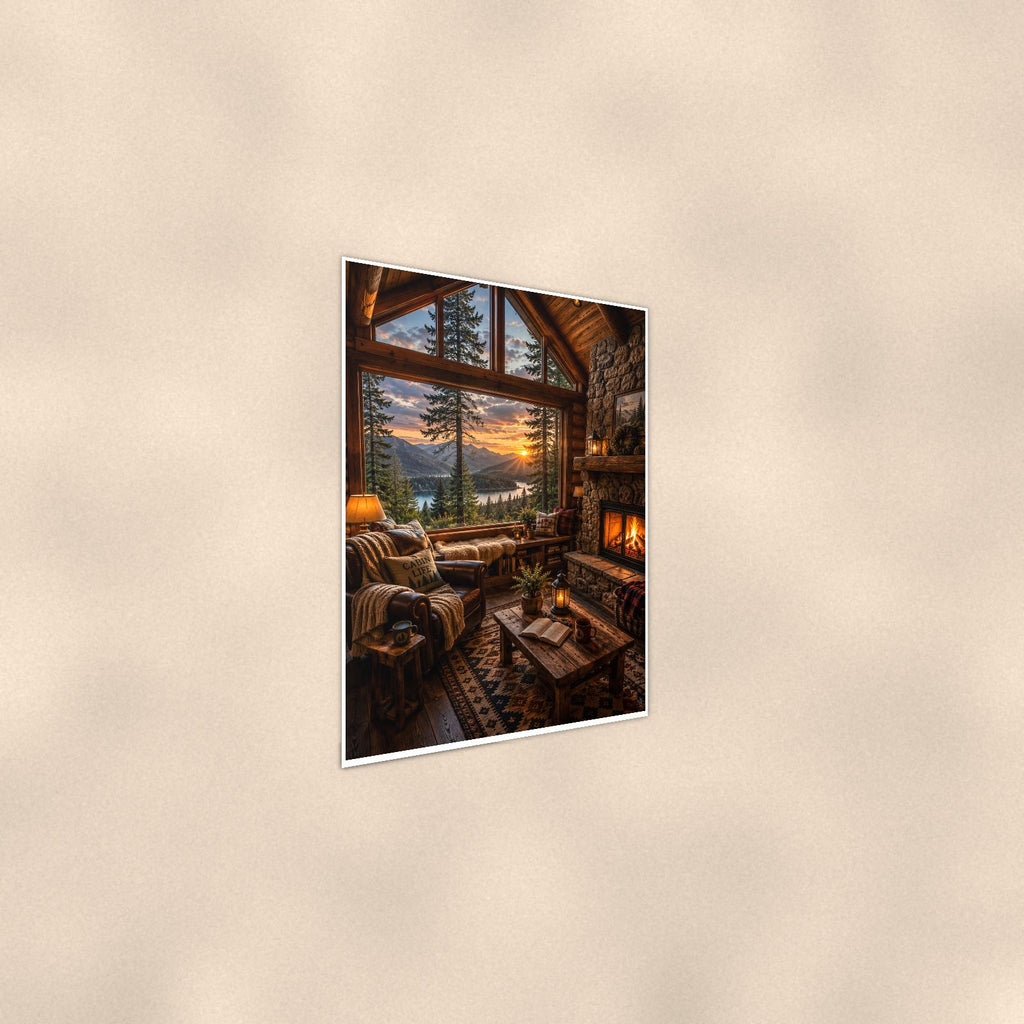 Cozy Cabin Interior — 24x36 in art print poster, premium luster paper with a white border; steeper three-quarter angle on a warm wall, catching the luster sheen.