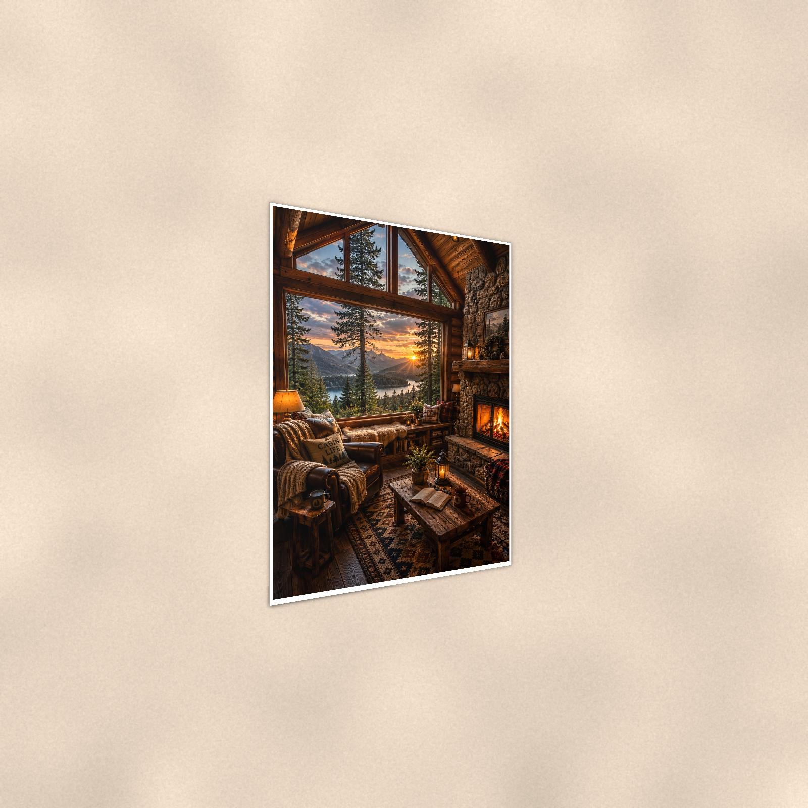Cozy Cabin Interior — 24x36 in art print poster, premium luster paper with a white border; steeper three-quarter angle on a warm wall, catching the luster sheen.