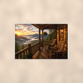 Mountain Porch Rockers — 36x24 in art print poster, premium luster paper with a white border; poster shown straight on against a warm wall.