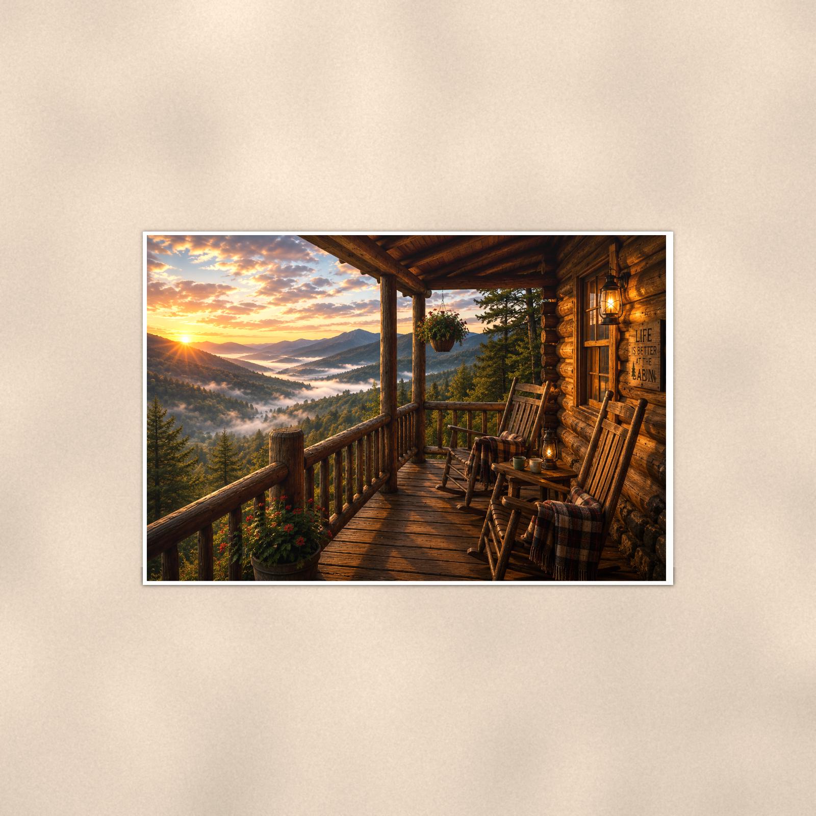Mountain Porch Rockers — 36x24 in art print poster, premium luster paper with a white border; poster shown straight on against a warm wall.