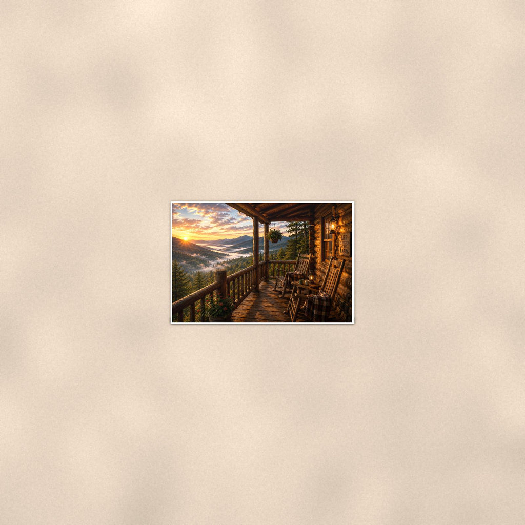 Mountain Porch Rockers — 36x24 in art print poster, premium luster paper with a white border; poster seen from further back, at true 24x36 in scale on a warm wall.